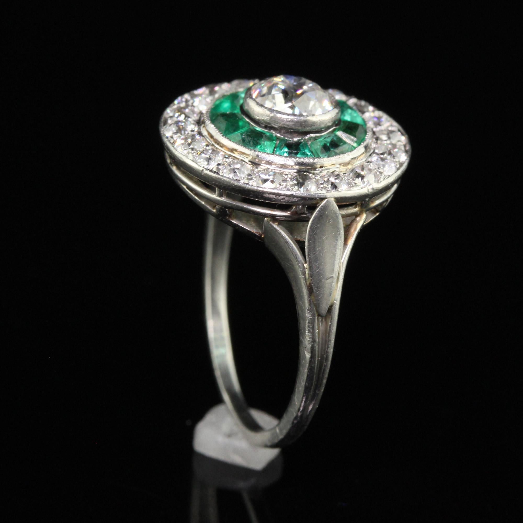 Antique Art Deco Platinum Old Euro Diamond and Emerald Engagement Ring For Sale 1
