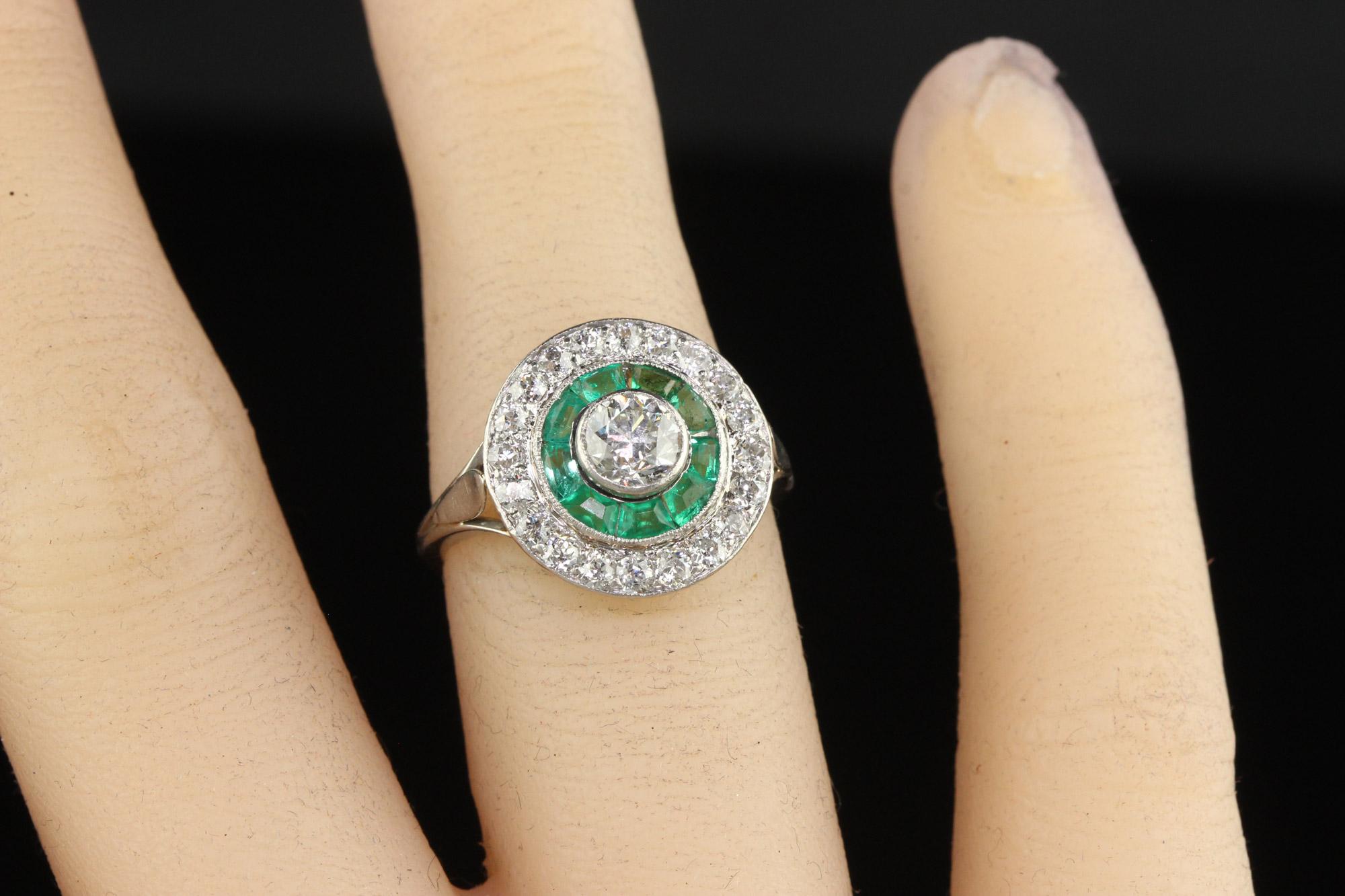 Antique Art Deco Platinum Old Euro Diamond and Emerald Engagement Ring For Sale 2