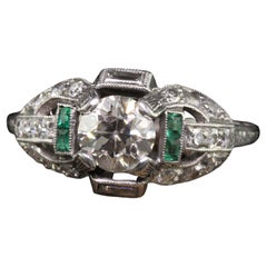 Antique Art Deco Platinum Old Euro Diamond and Emerald Engagement Ring