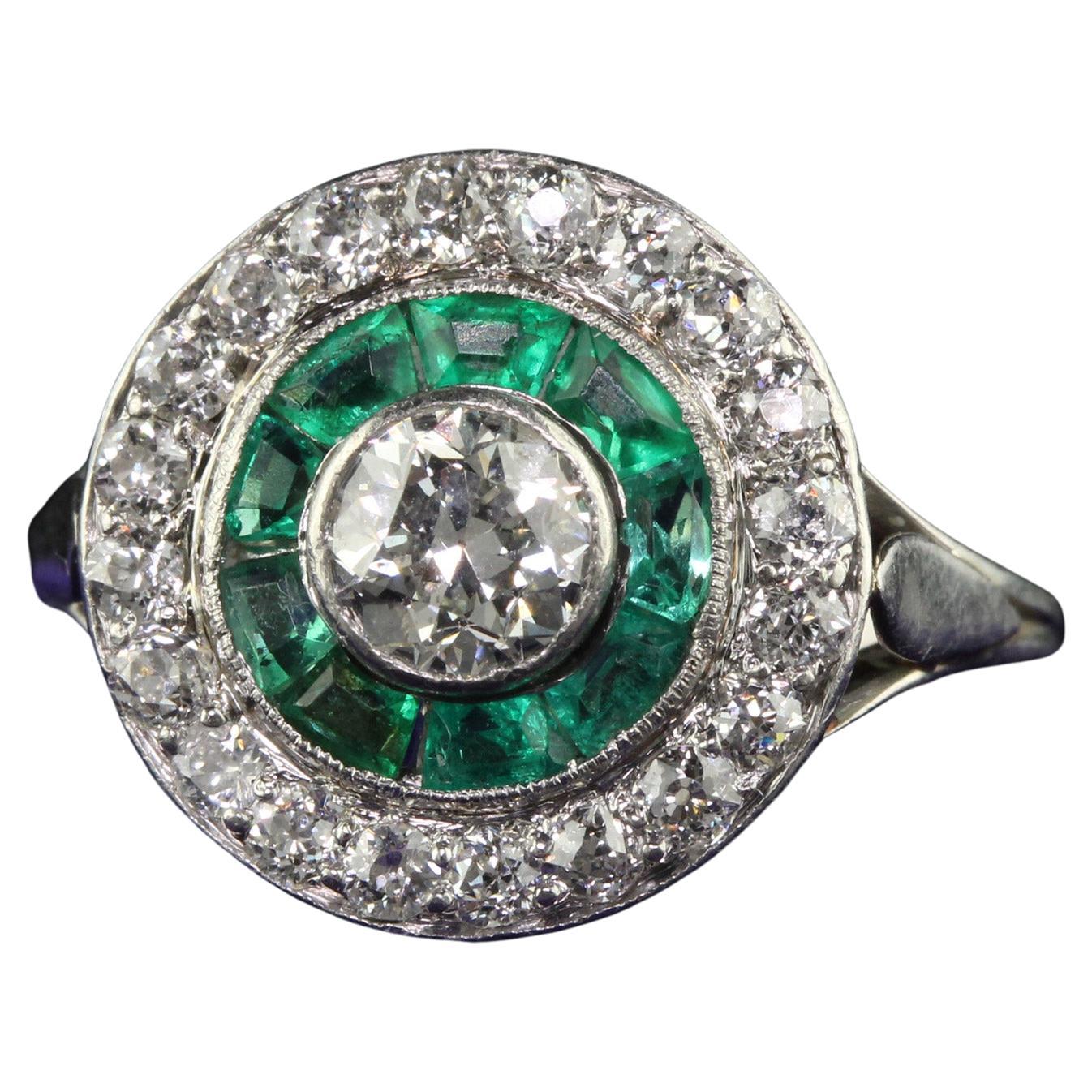 Antique Art Deco Platinum Old Euro Diamond and Emerald Engagement Ring For Sale