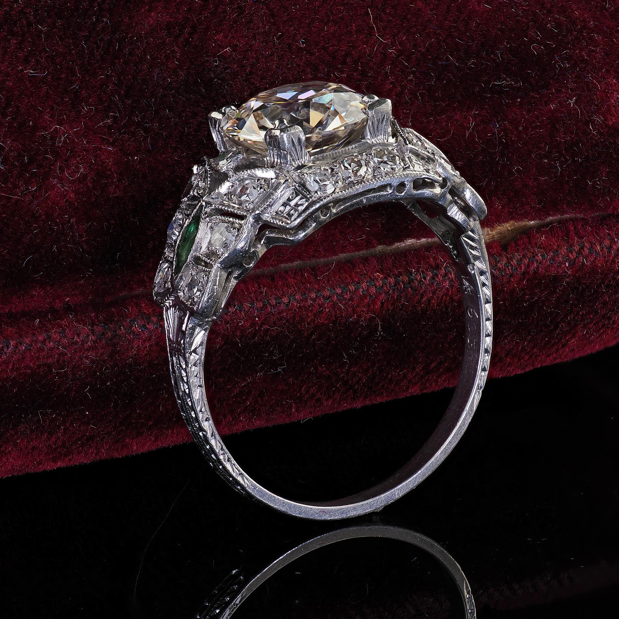 Old European Cut Antique Art Deco Platinum Old Euro Diamond and Emerald Engagement Ring - GIA For Sale