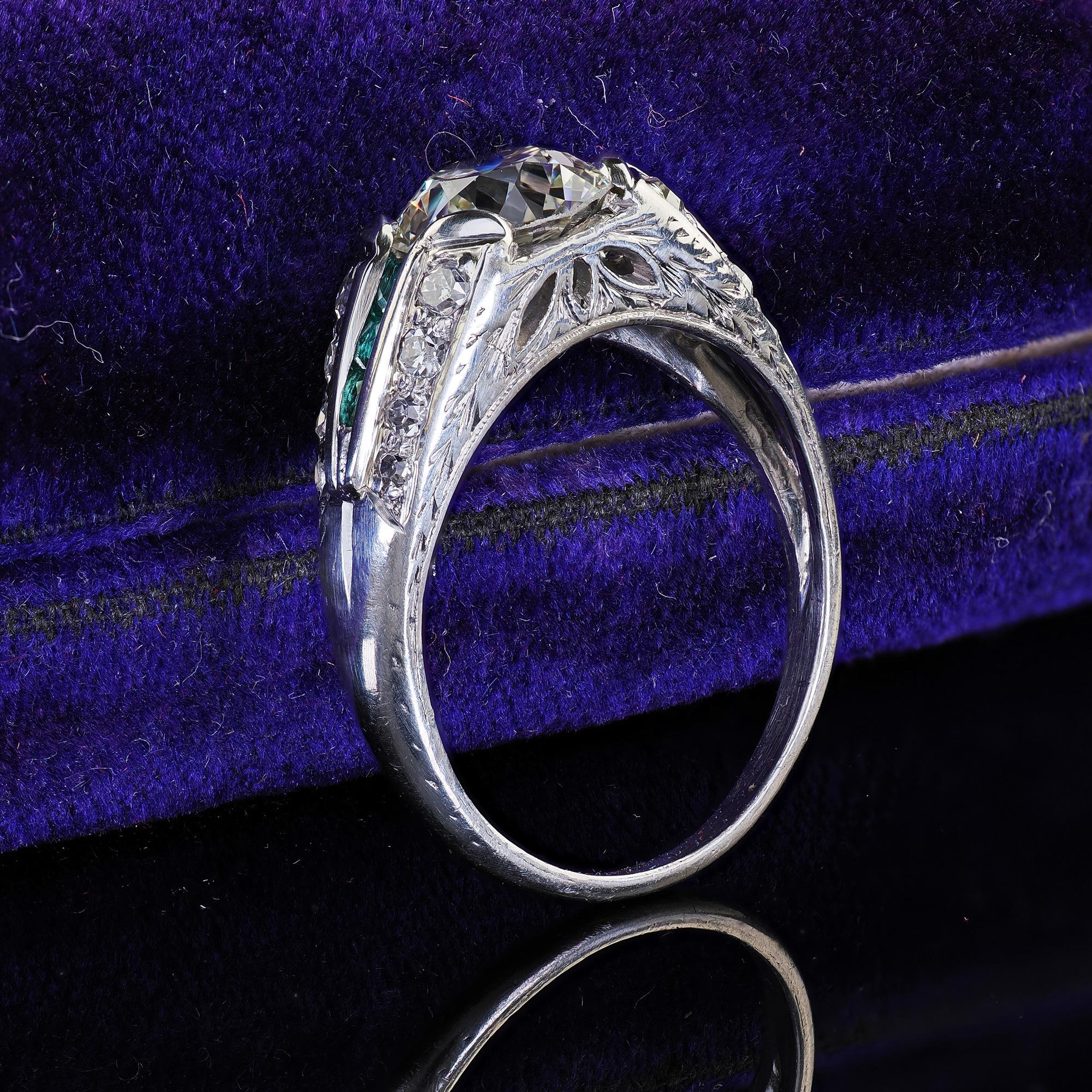 Old European Cut Antique Art Deco Platinum Old Euro Diamond and Emerald Engagement Ring - GIA For Sale