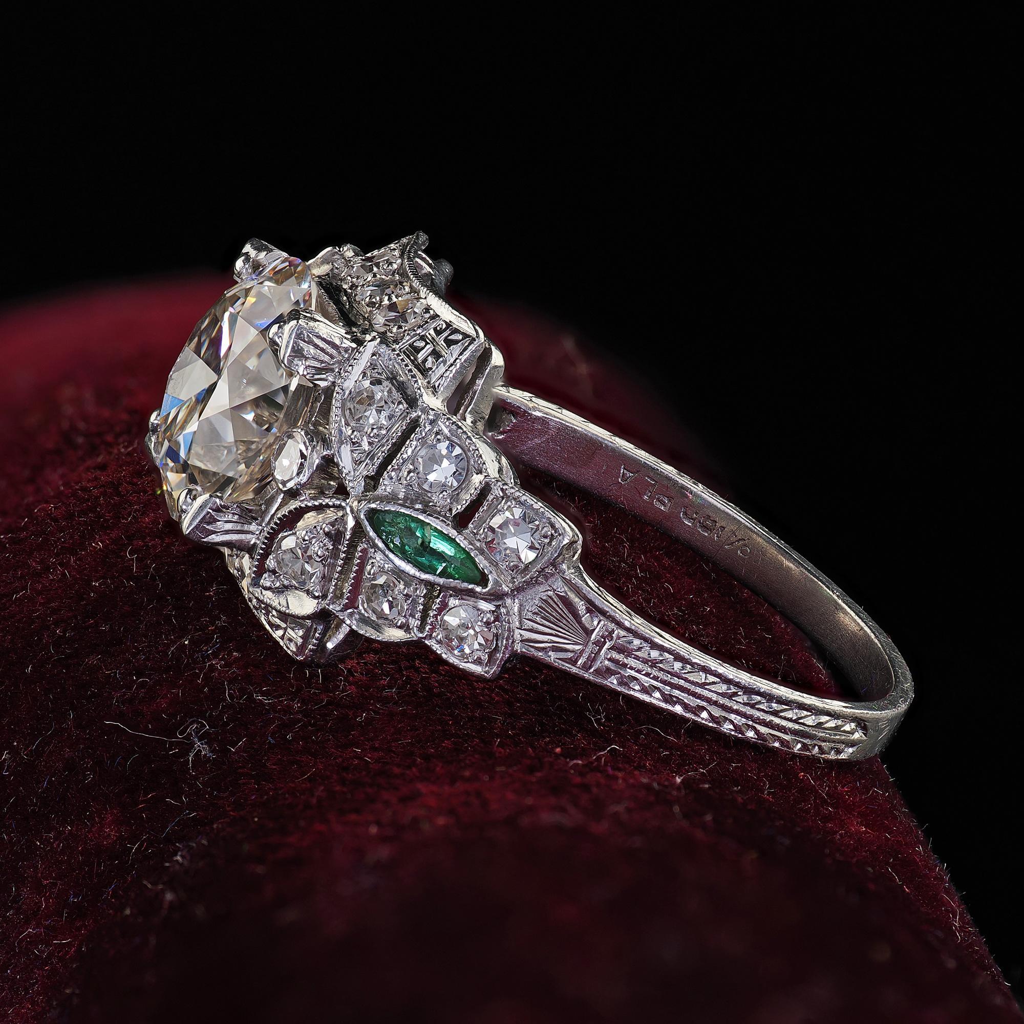 Women's Antique Art Deco Platinum Old Euro Diamond and Emerald Engagement Ring - GIA For Sale