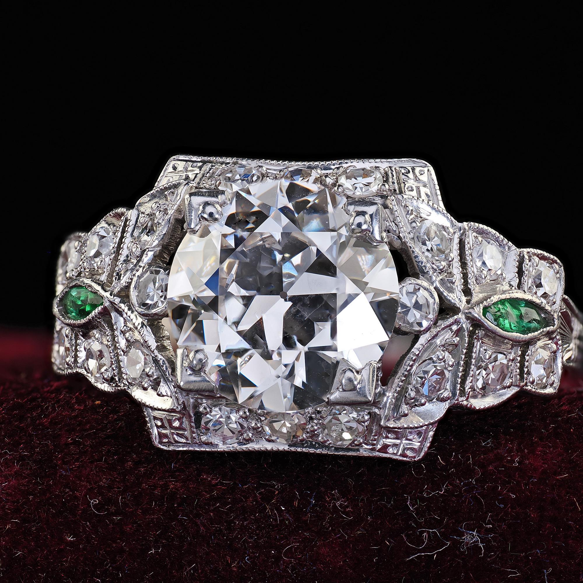 Antique Art Deco Platinum Old Euro Diamond and Emerald Engagement Ring - GIA For Sale 1