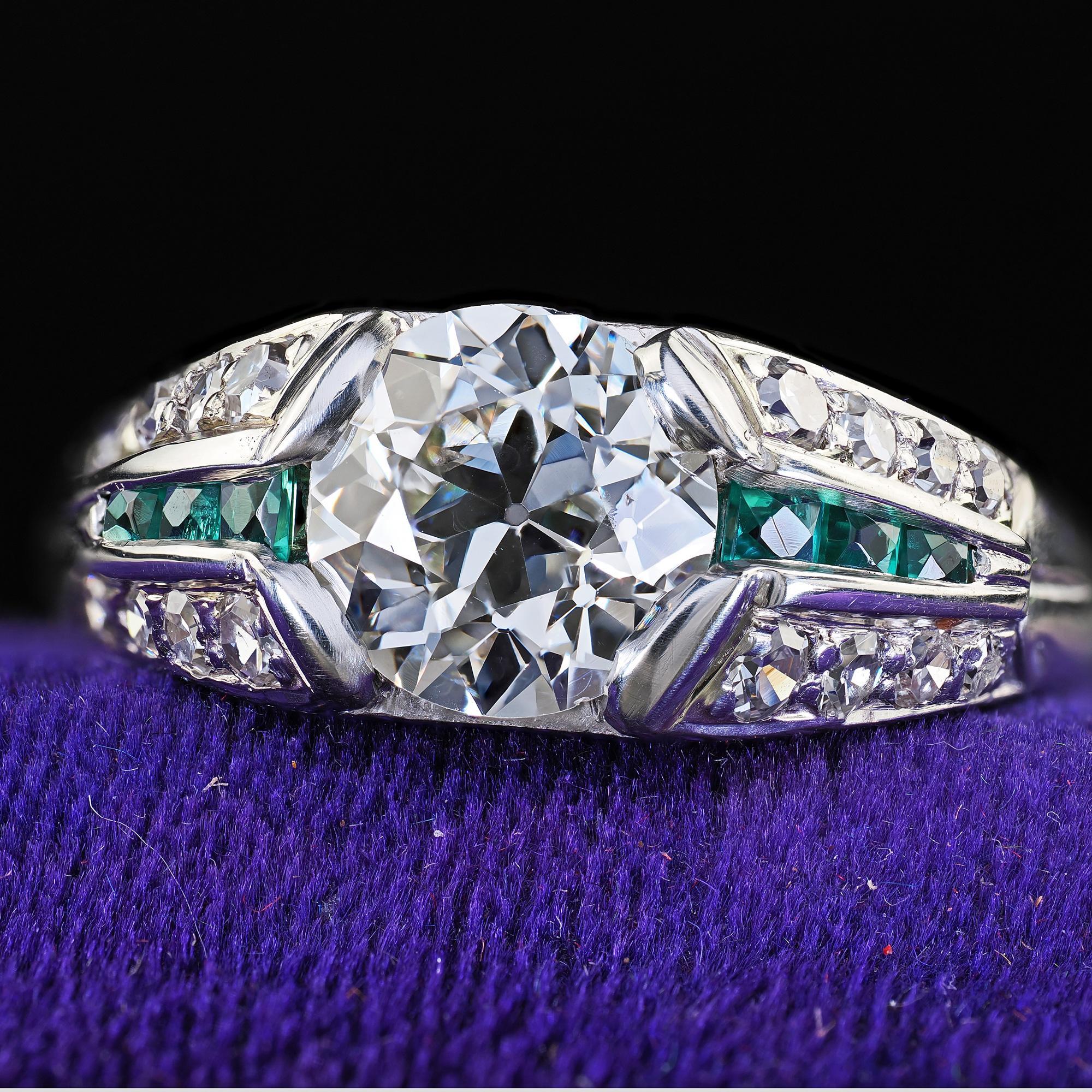 Antique Art Deco Platinum Old Euro Diamond and Emerald Engagement Ring - GIA For Sale 1