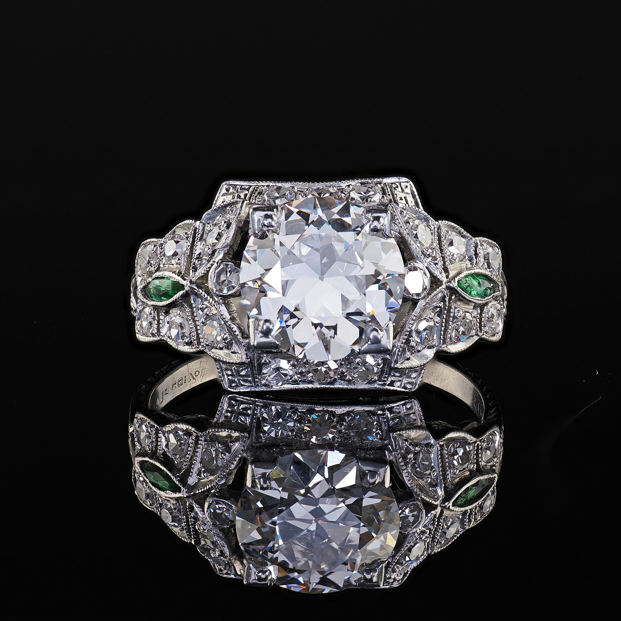 Antique Art Deco Platinum Old Euro Diamond and Emerald Engagement Ring - GIA For Sale 2