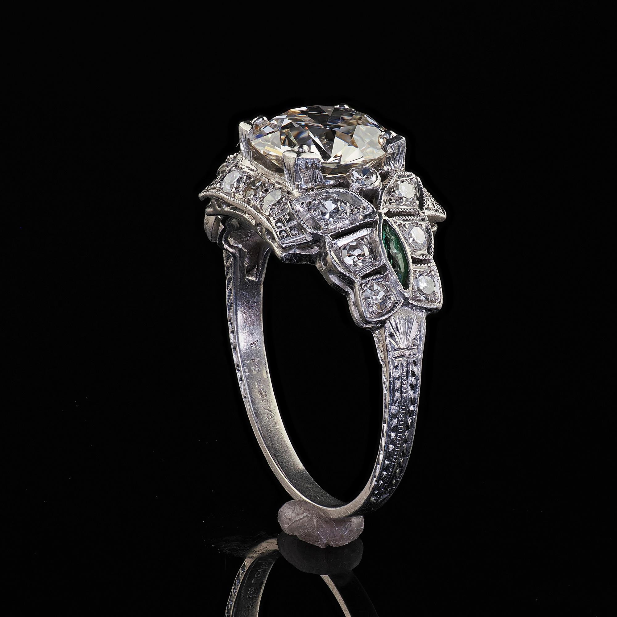 Antique Art Deco Platinum Old Euro Diamond and Emerald Engagement Ring - GIA For Sale 3