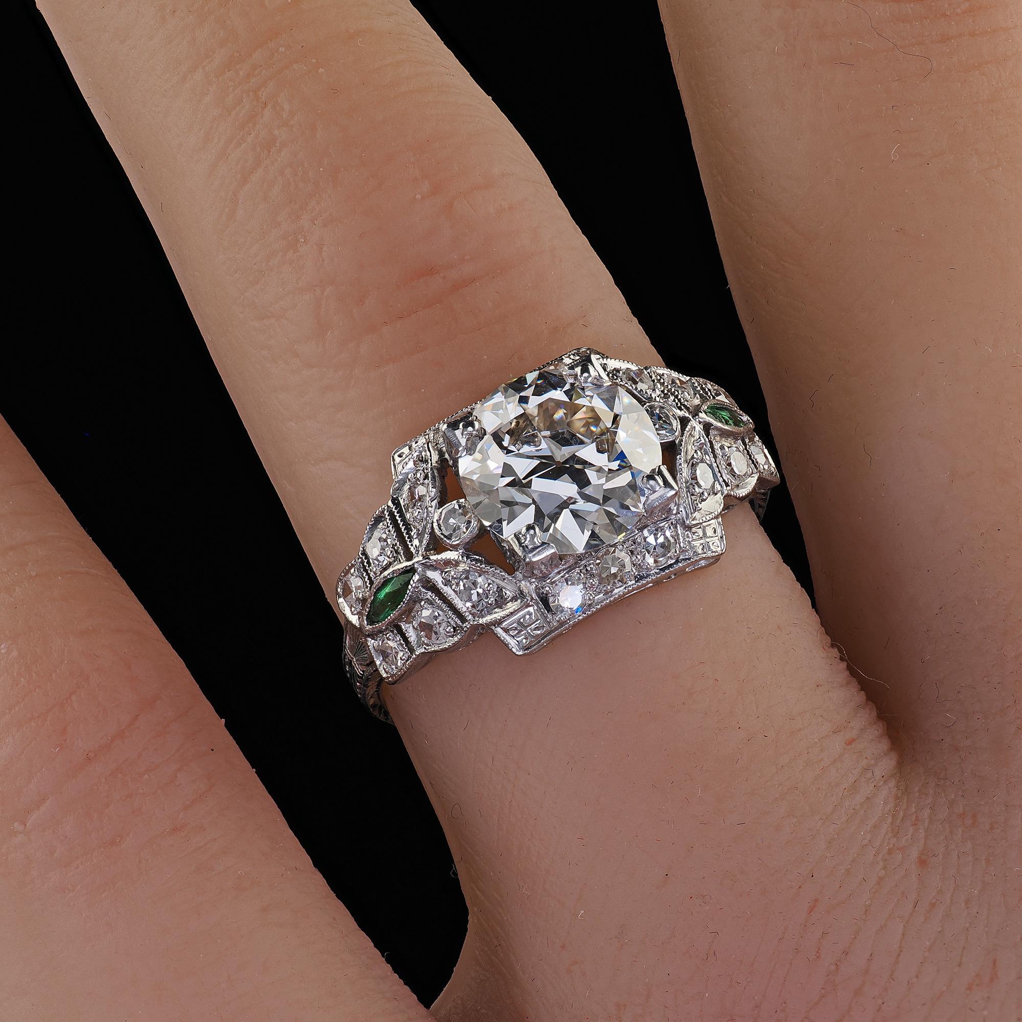 Antique Art Deco Platinum Old Euro Diamond and Emerald Engagement Ring - GIA For Sale 4