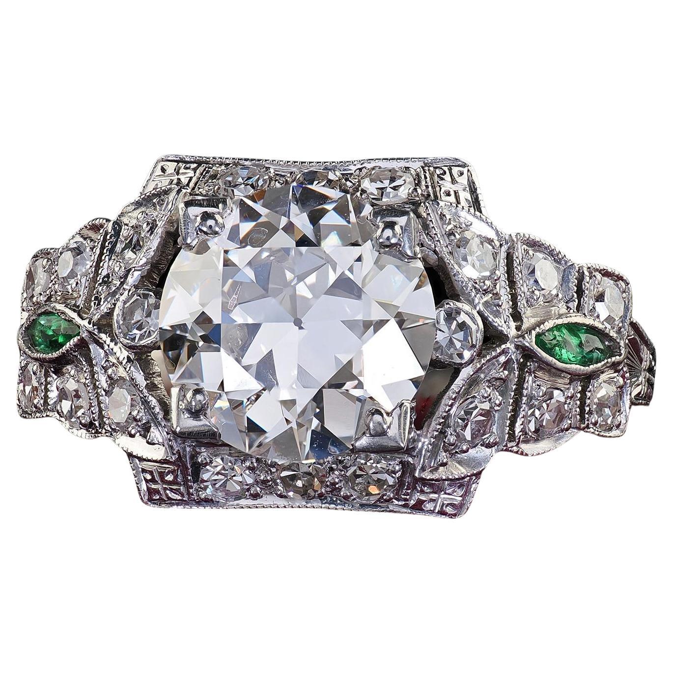Antiker Art-Déco-Verlobungsring aus Platin mit Diamant und Smaragd aus altem Eurodiamant und Smaragd – GIA
