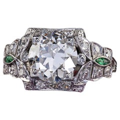 Antiker Art-Déco-Verlobungsring aus Platin mit Diamant und Smaragd aus altem Eurodiamant und Smaragd – GIA