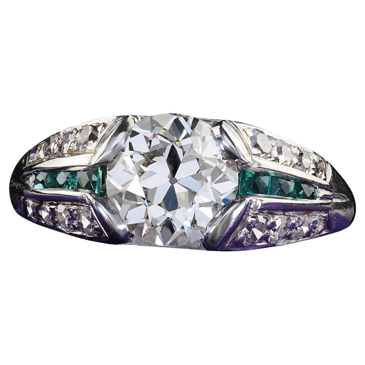 Antique Art Deco Platinum Old Euro Diamond and Emerald Engagement Ring - GIA For Sale