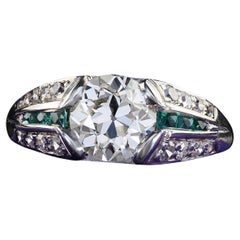 Antique Art Deco Platinum Old Euro Diamond and Emerald Engagement Ring - GIA