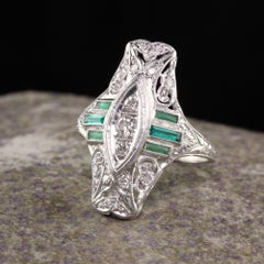 Antique Art Deco Platinum Old Euro Diamond and Emerald Shield Ring