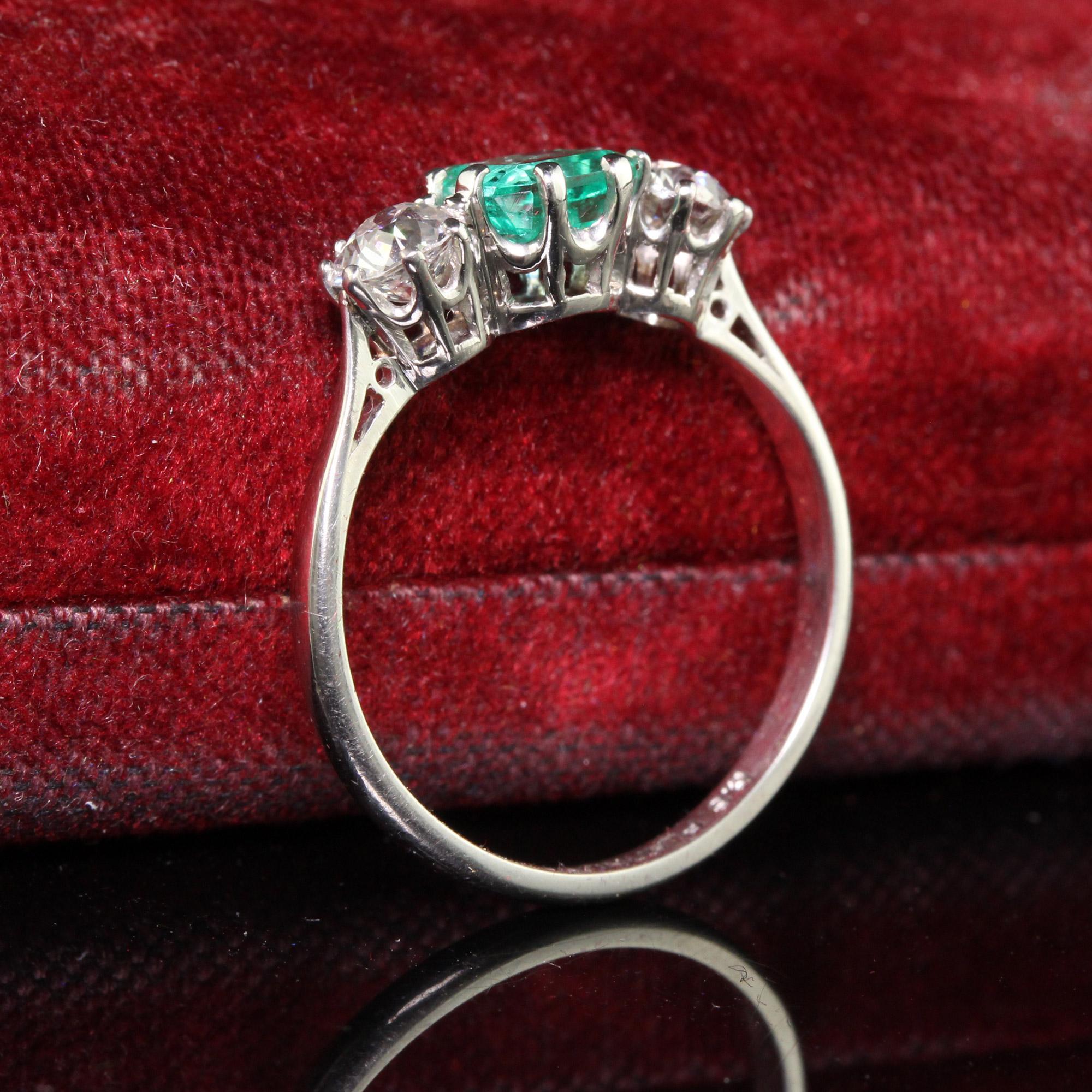 Old European Cut Antique Art Deco Platinum Old Euro Diamond and Emerald Three Stone Ring - GIA For Sale