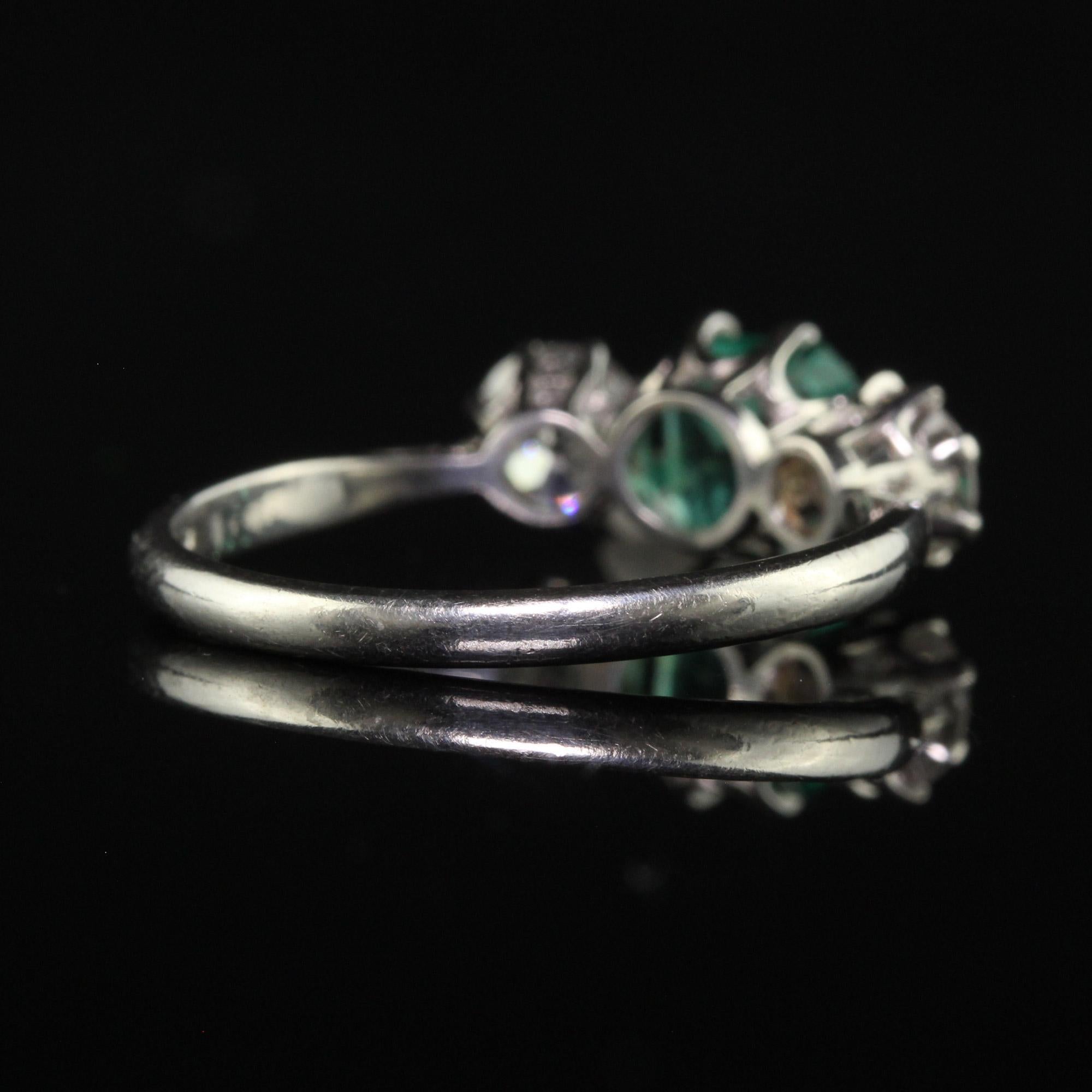 Antique Art Deco Platinum Old Euro Diamond and Emerald Three Stone Ring - GIA For Sale 1