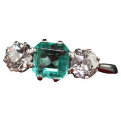 Antique Art Deco Platinum Old Euro Diamond and Emerald Three Stone Ring - GIA