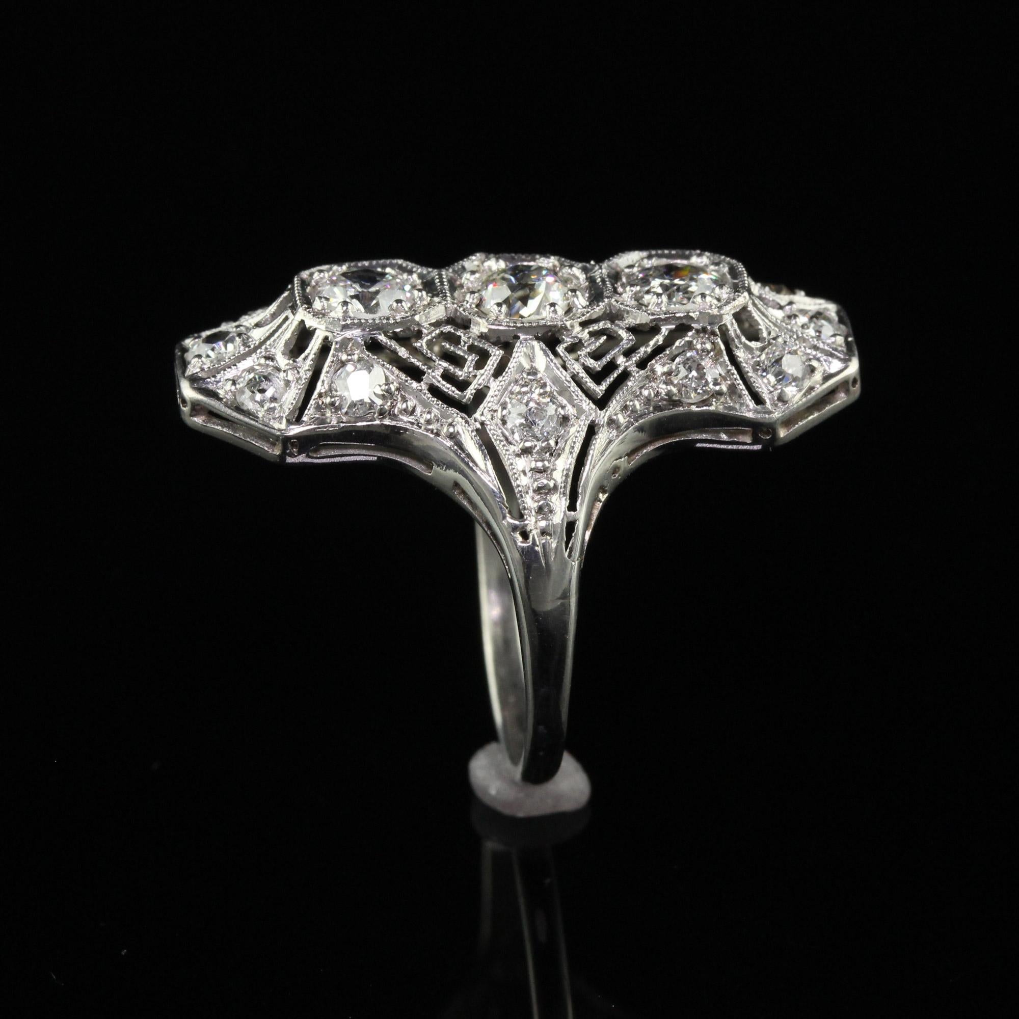 Antique Art Deco Platinum Old Euro Diamond and Filigree Shield Ring In Good Condition For Sale In Great Neck, NY