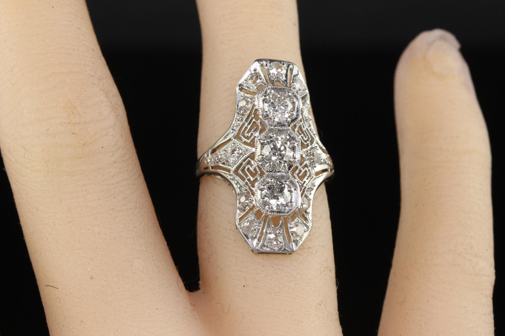 Women's Antique Art Deco Platinum Old Euro Diamond and Filigree Shield Ring For Sale