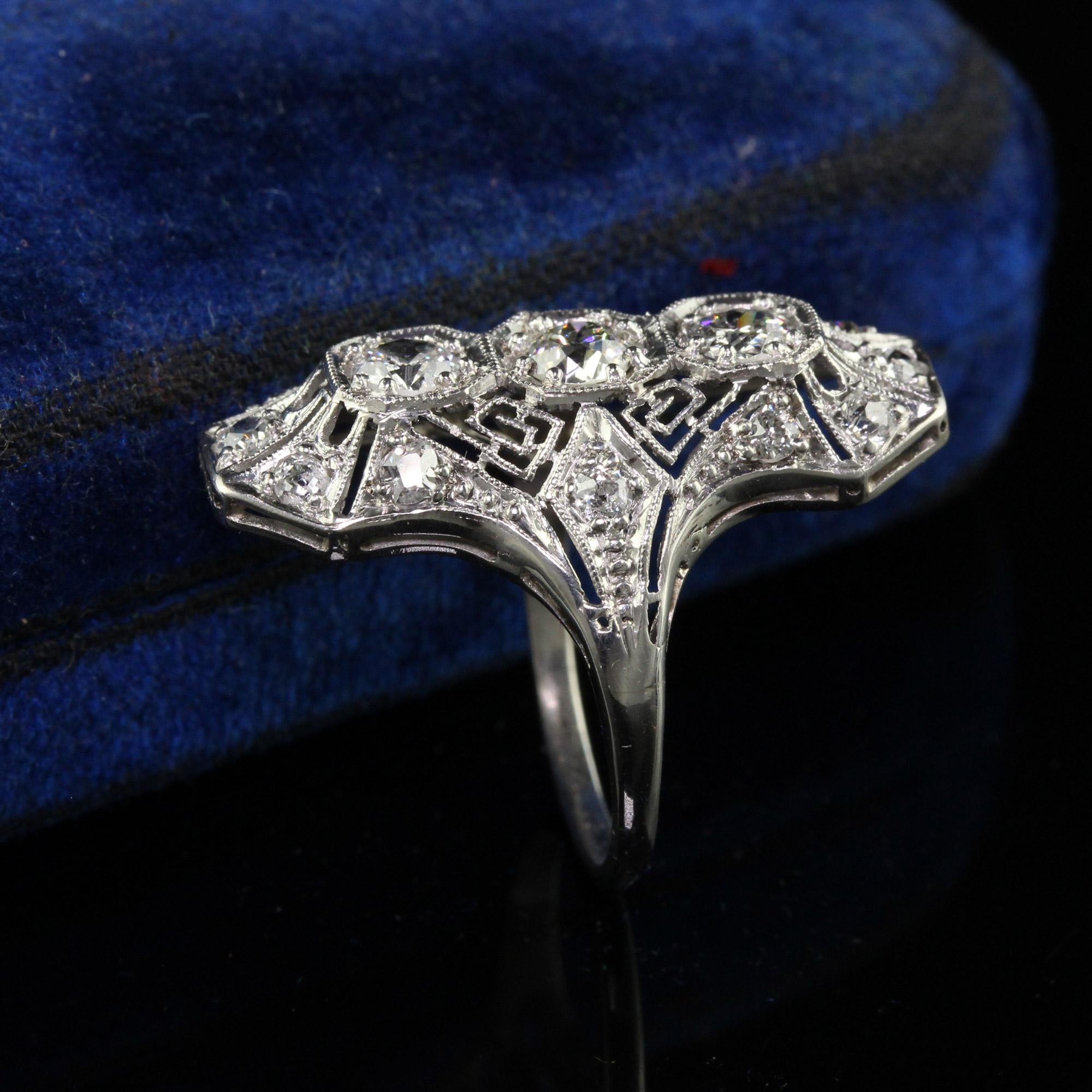 Antique Art Deco Platinum Old Euro Diamond and Filigree Shield Ring For Sale 2
