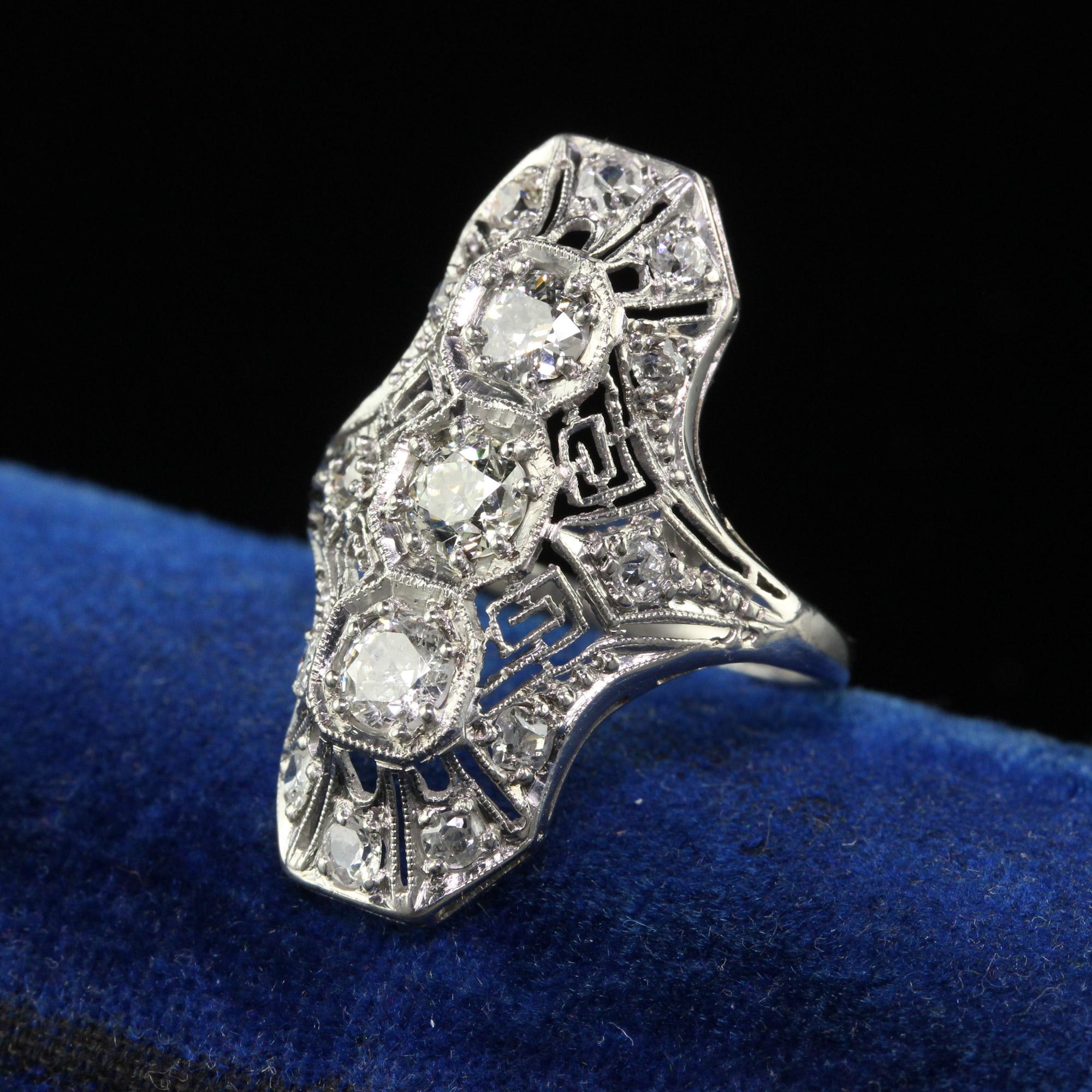 Antique Art Deco Platinum Old Euro Diamond and Filigree Shield Ring For Sale 3