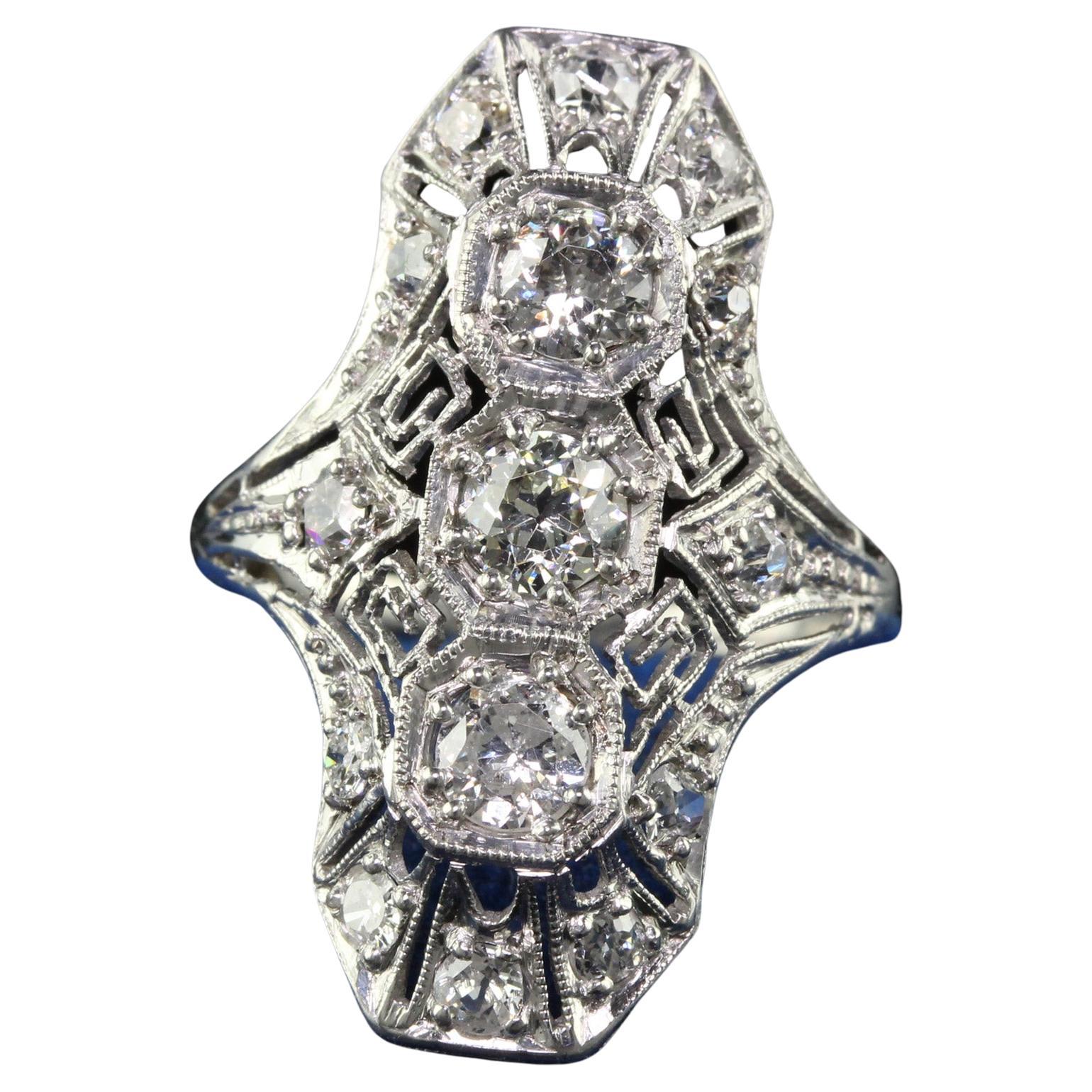 Antique Art Deco Platinum Old Euro Diamond and Filigree Shield Ring For Sale