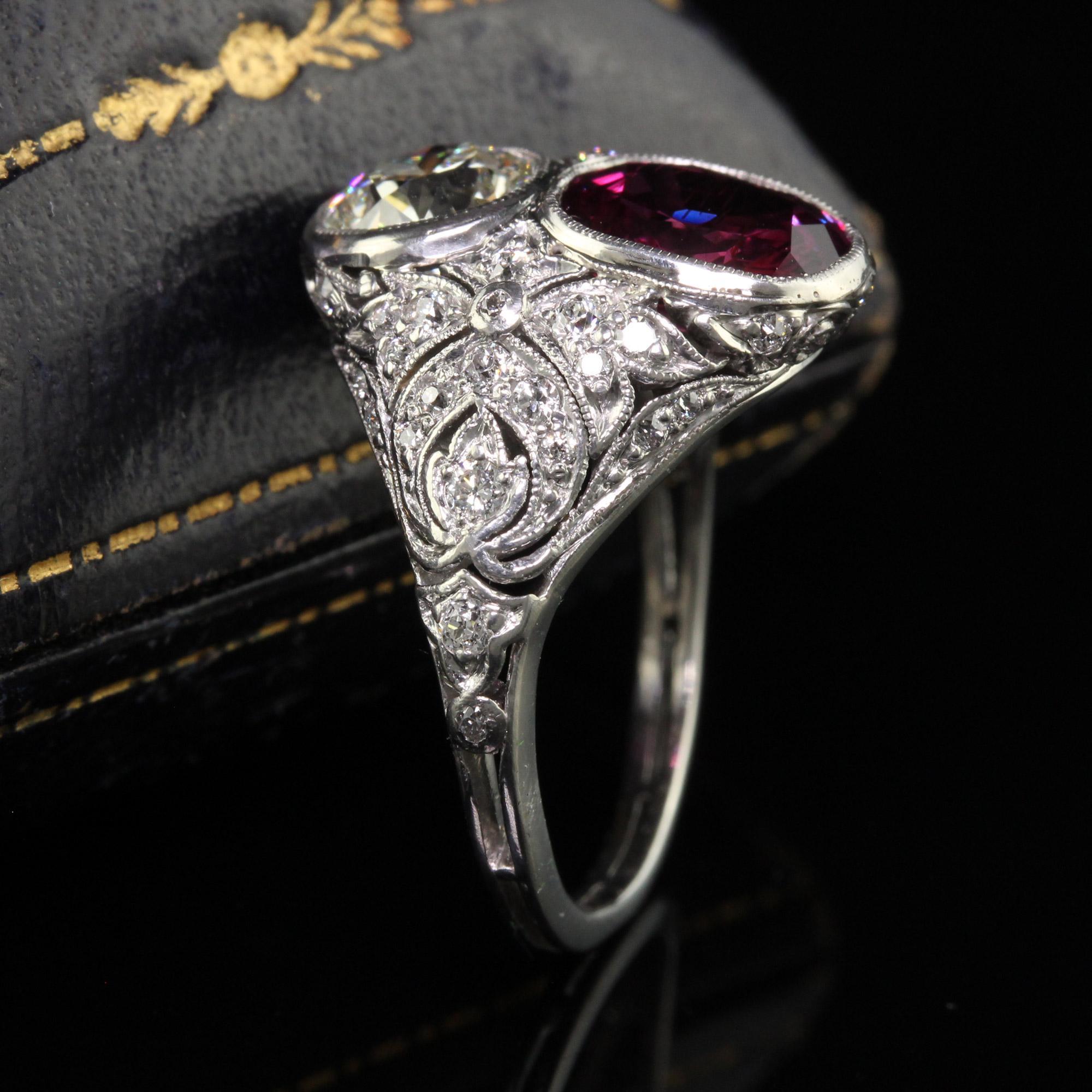 Art Deco Antique Edwardian Platinum Old Euro Diamond and No Heat Ruby Cocktail Ring - GIA