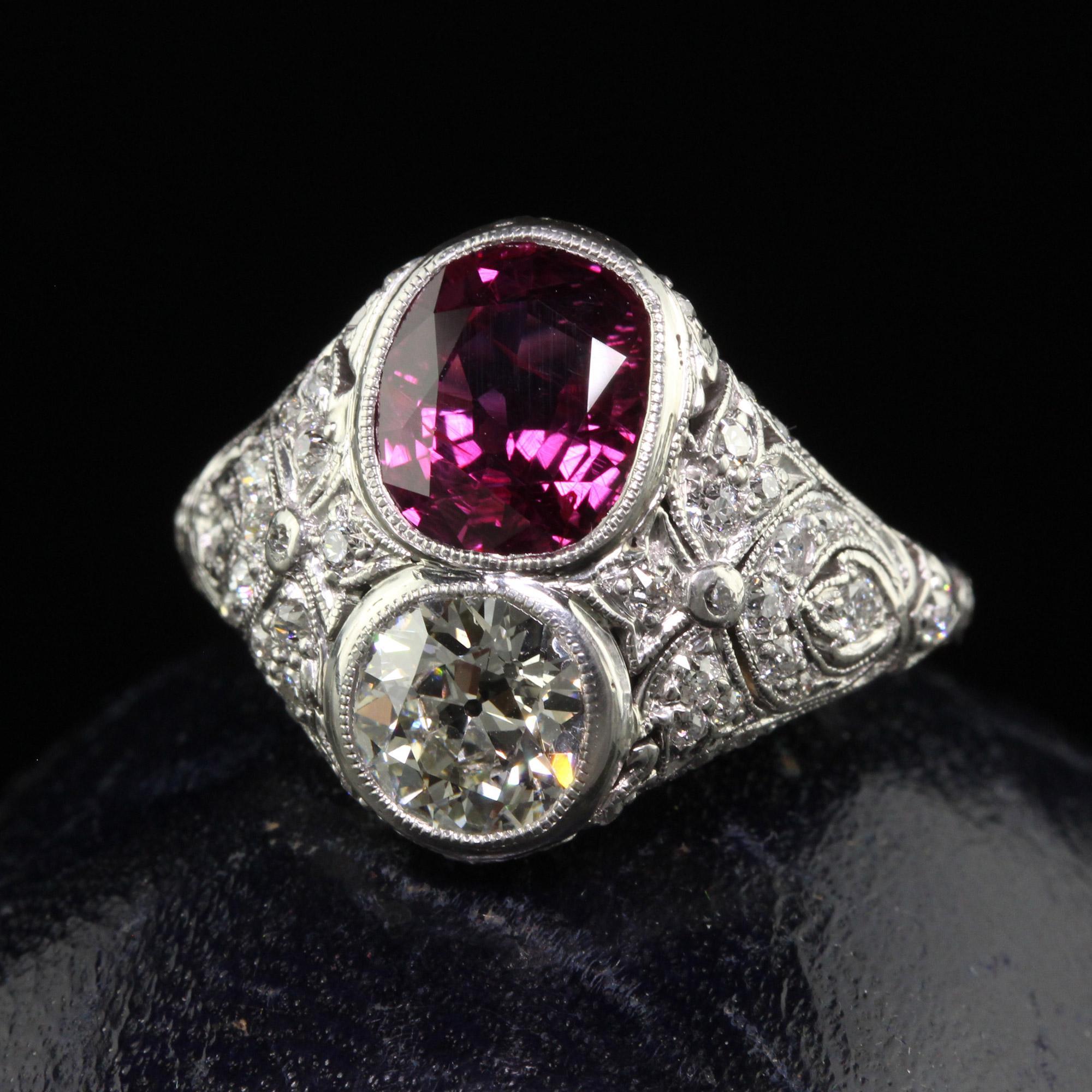 Antique Cushion Cut Antique Edwardian Platinum Old Euro Diamond and No Heat Ruby Cocktail Ring - GIA