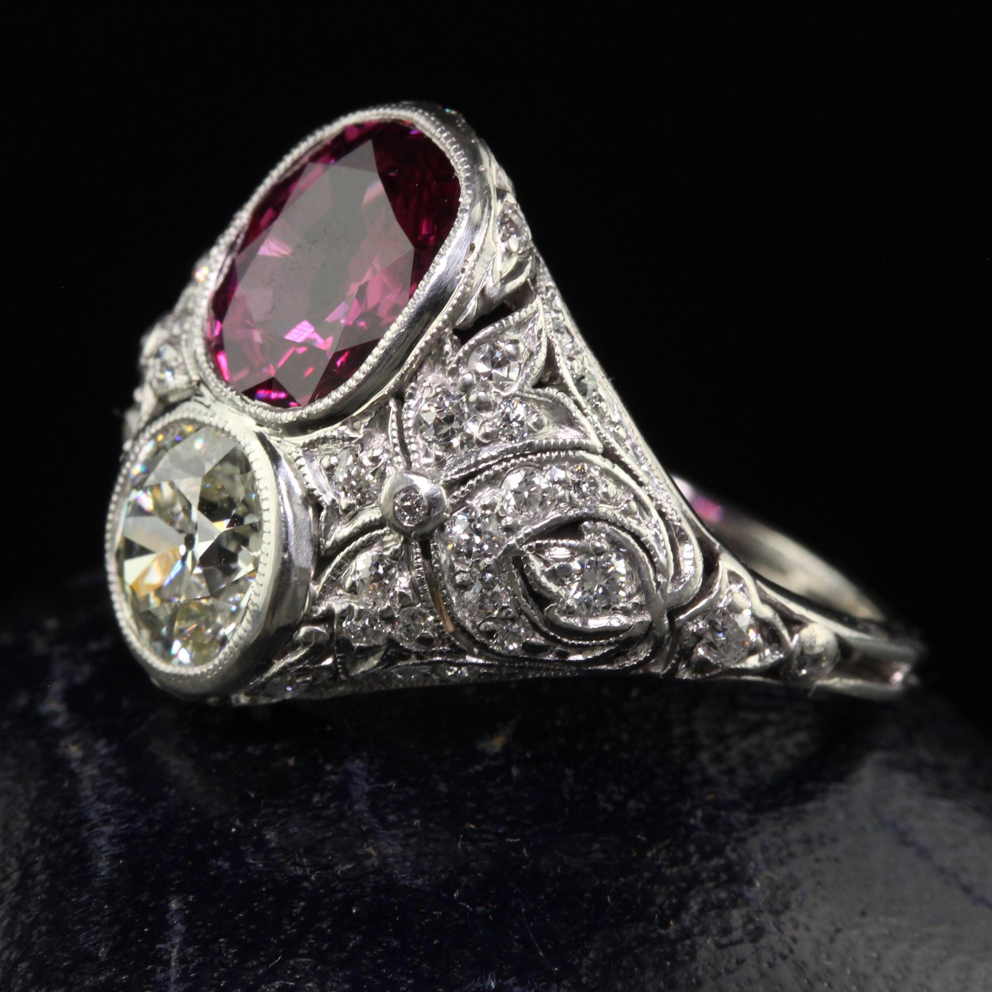 Antique Edwardian Platinum Old Euro Diamond and No Heat Ruby Cocktail Ring - GIA In Good Condition In Great Neck, NY