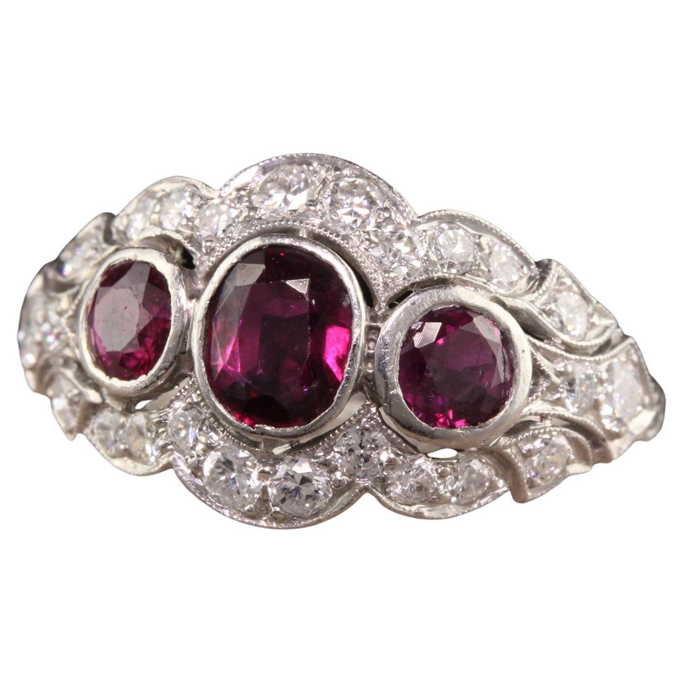 Antique Art Deco Platinum Old Euro Diamond and Ruby Three Stone Ring