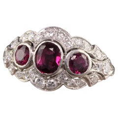 Antique Art Deco Platinum Old Euro Diamond and Ruby Three Stone Ring