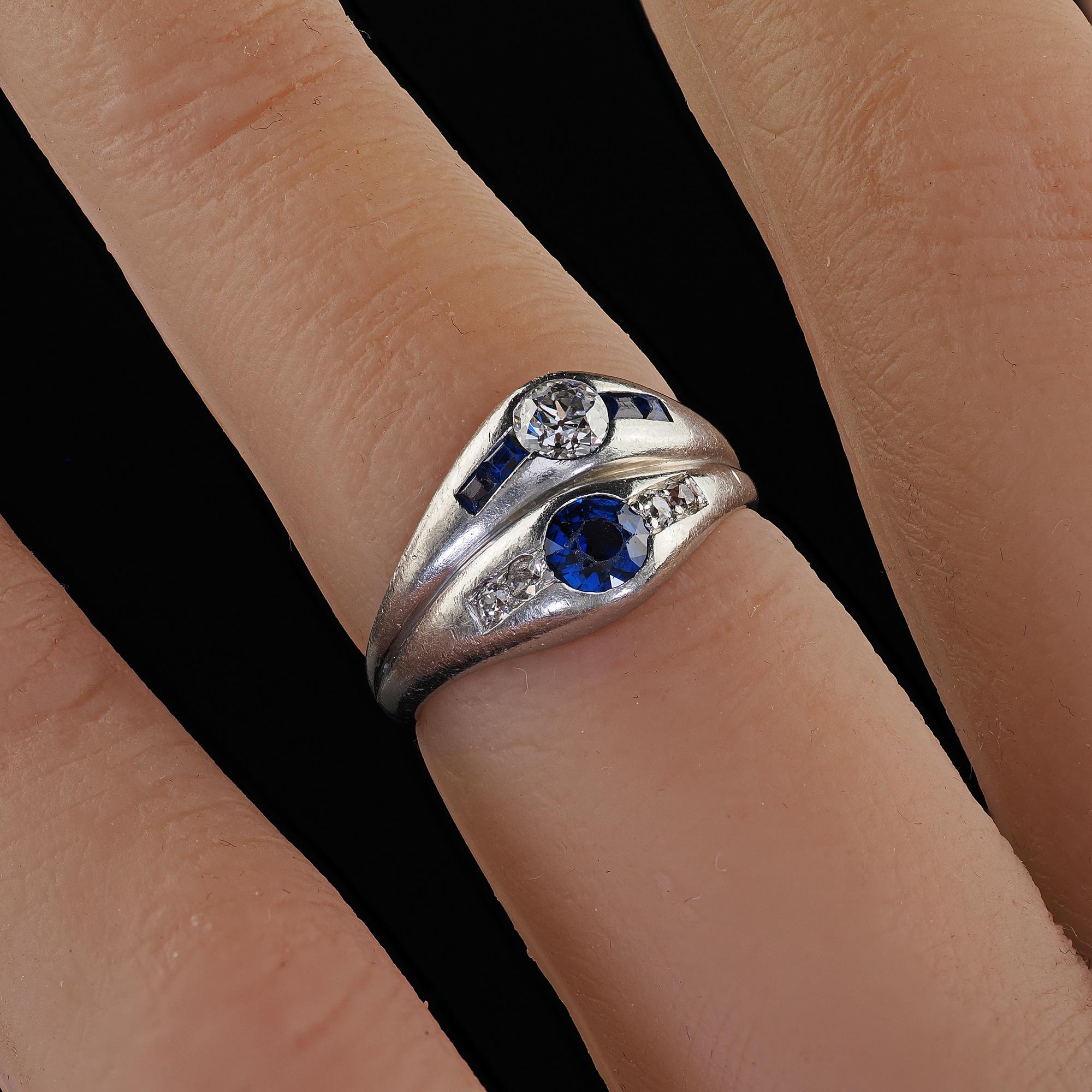 Antique Art Deco Platinum Old Euro Diamond and Sapphire Double Ring For Sale 5