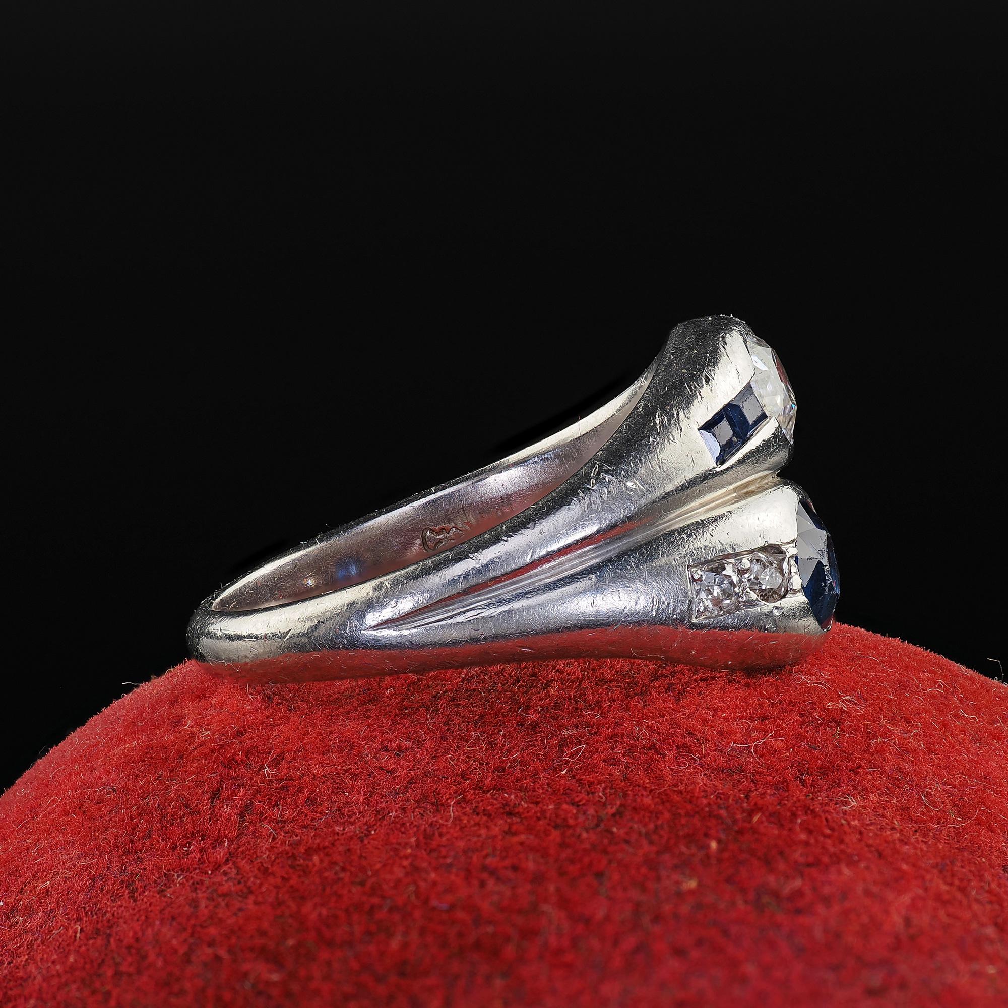 Antique Art Deco Platinum Old Euro Diamond and Sapphire Double Ring In Good Condition For Sale In Great Neck, NY