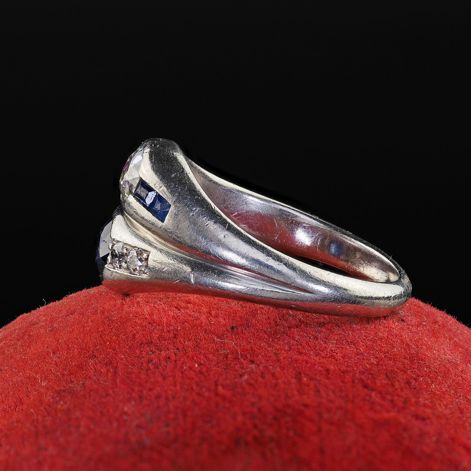 Women's Antique Art Deco Platinum Old Euro Diamond and Sapphire Double Ring For Sale