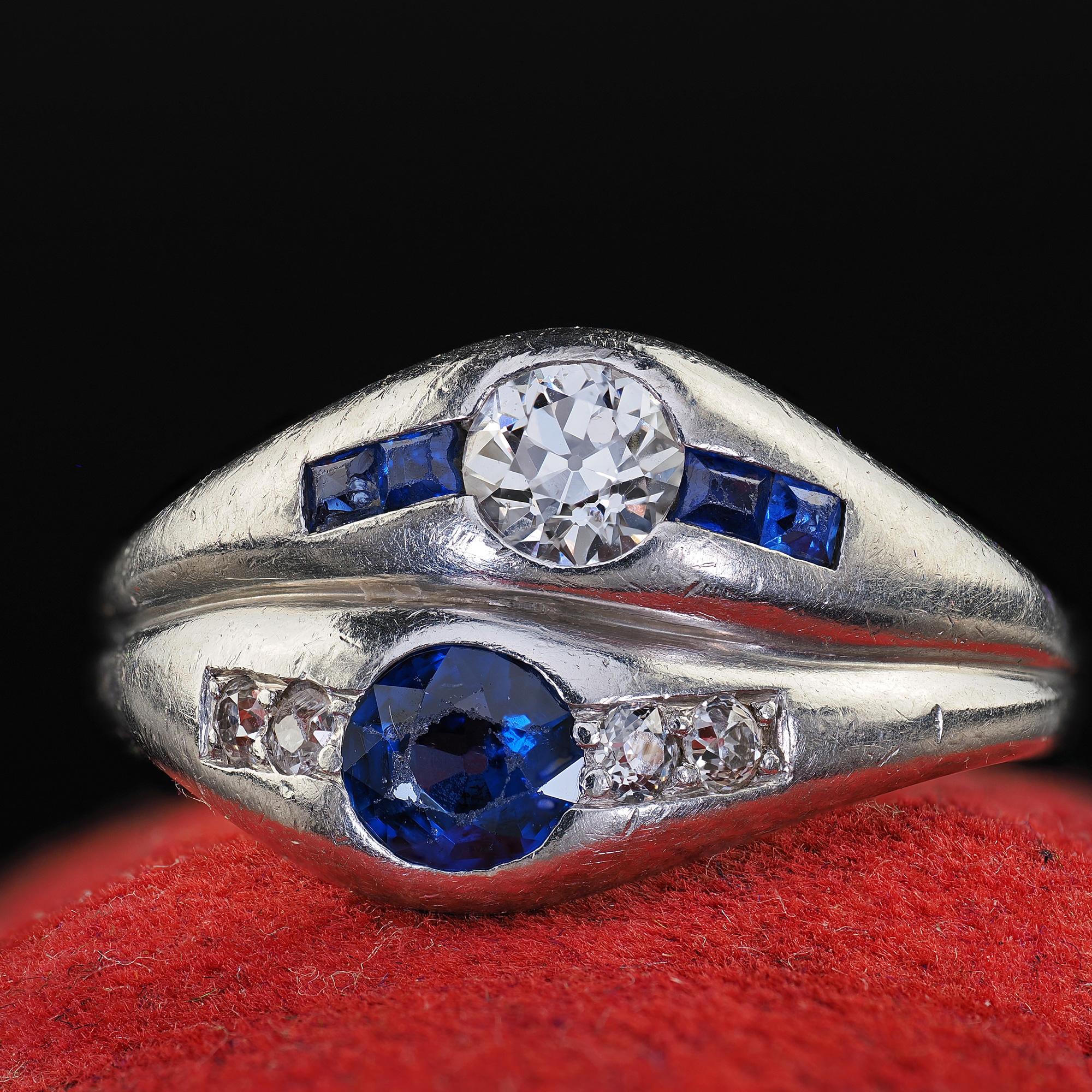 Antique Art Deco Platinum Old Euro Diamond and Sapphire Double Ring For Sale 1