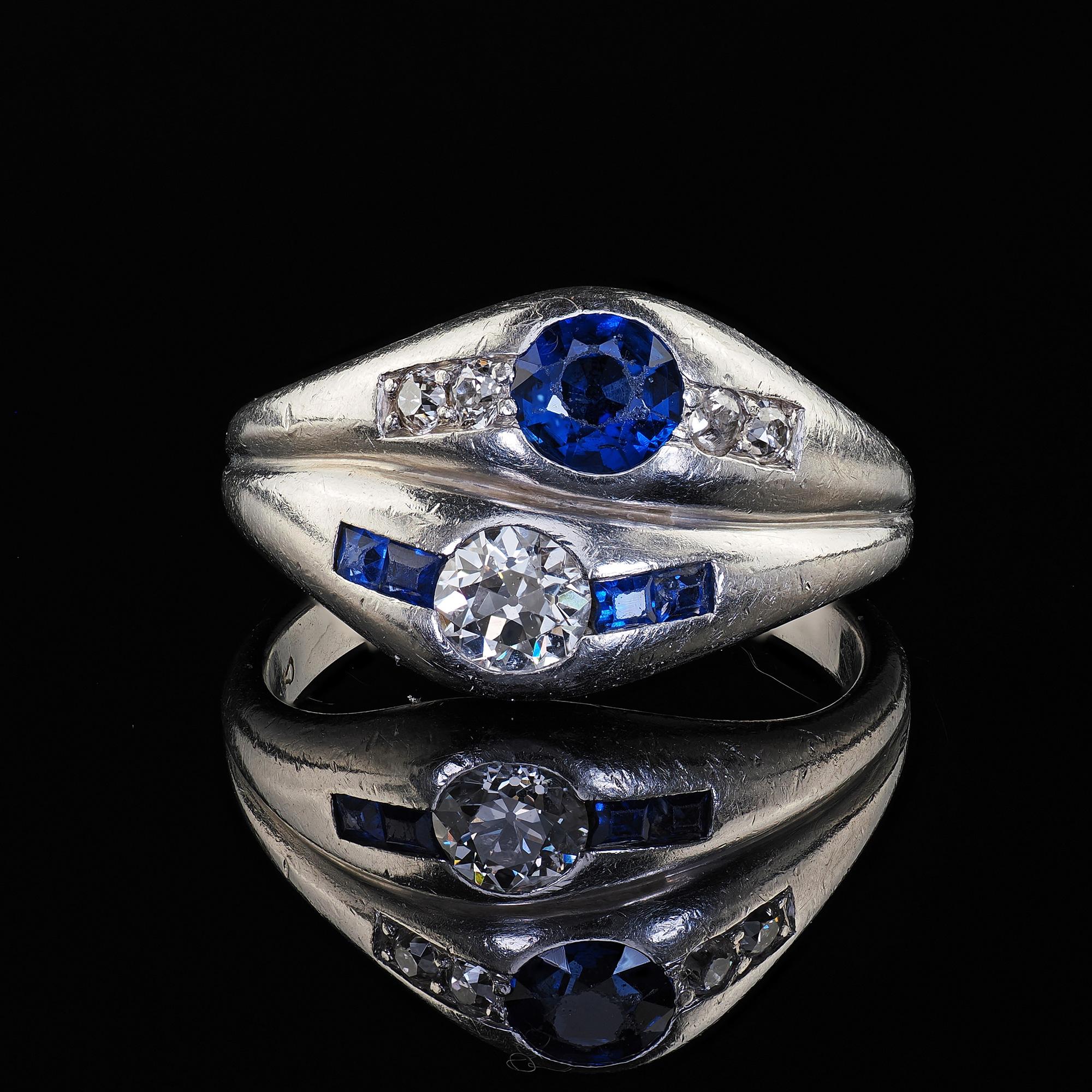 Antique Art Deco Platinum Old Euro Diamond and Sapphire Double Ring For Sale 2
