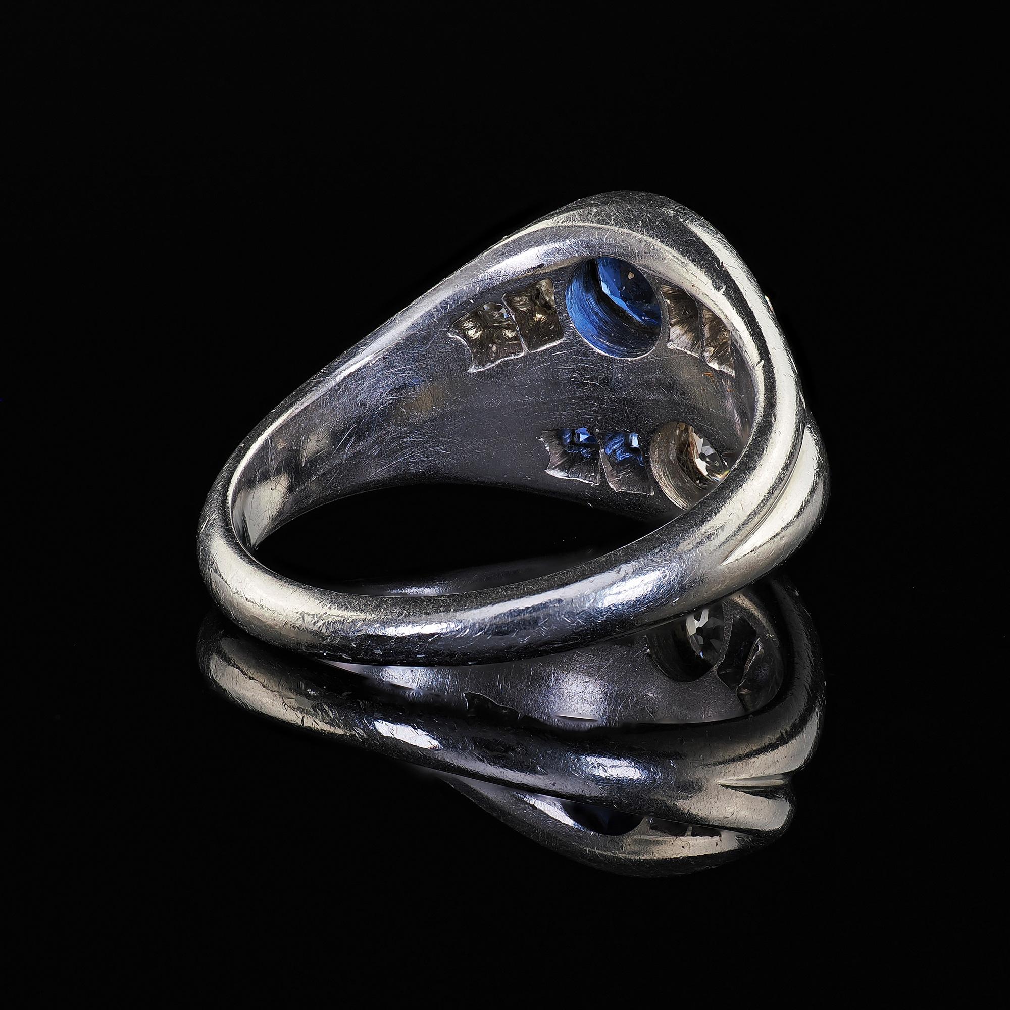Antique Art Deco Platinum Old Euro Diamond and Sapphire Double Ring For Sale 3