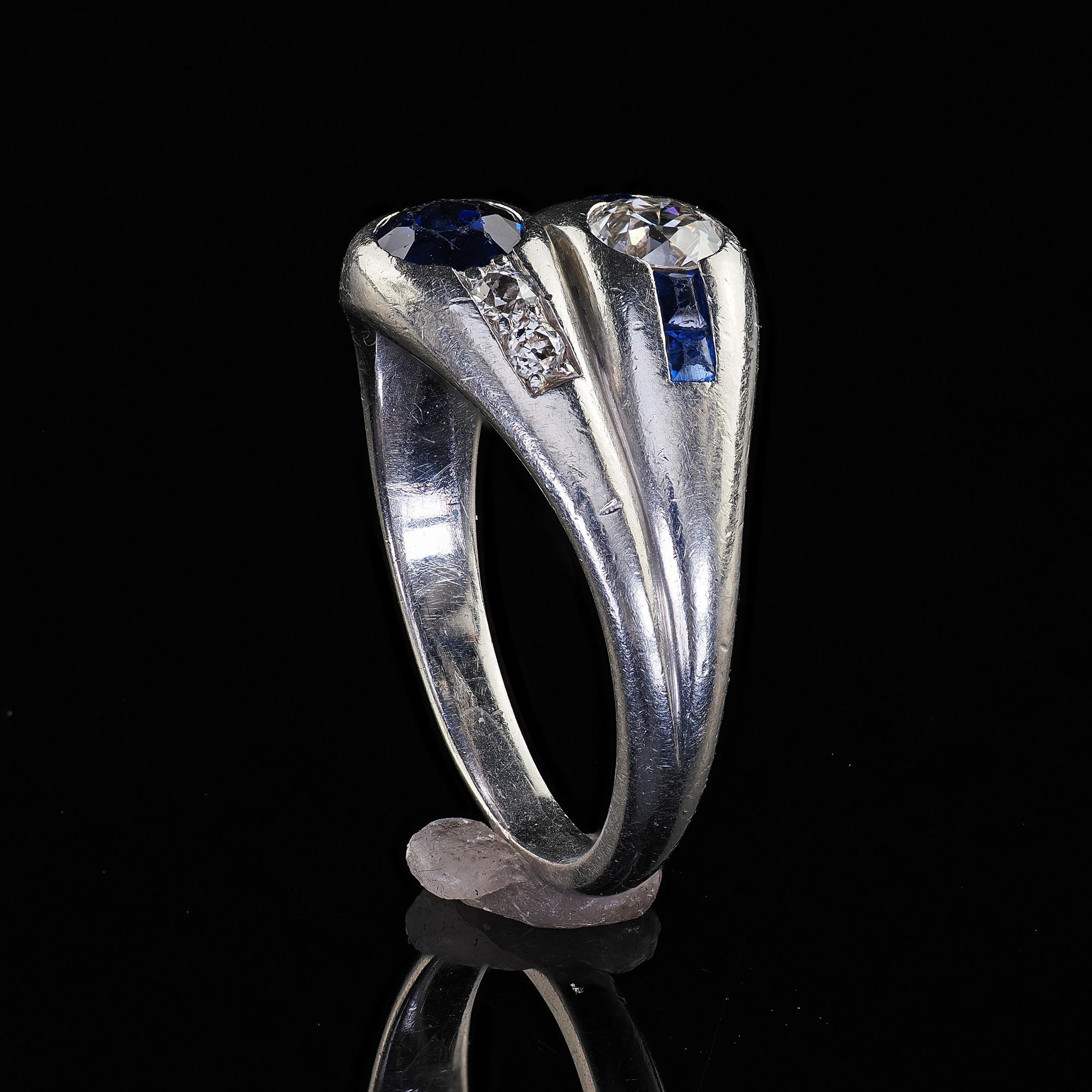 Antique Art Deco Platinum Old Euro Diamond and Sapphire Double Ring For Sale 4