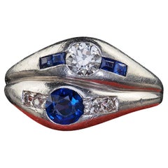 Antique Art Deco Platinum Old Euro Diamond and Sapphire Double Ring