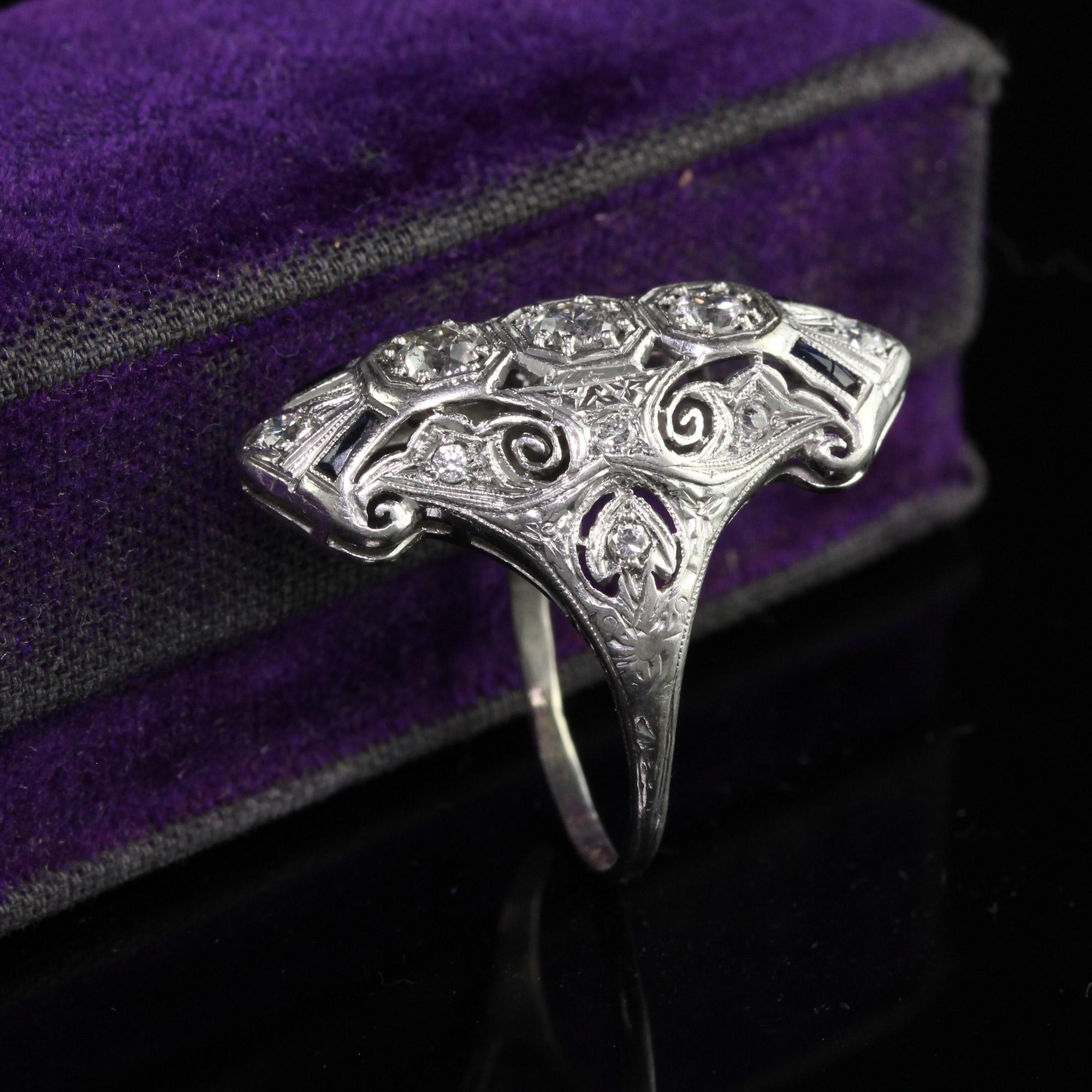 Old European Cut Antique Art Deco Platinum Old Euro Diamond and Sapphire Shield Ring For Sale