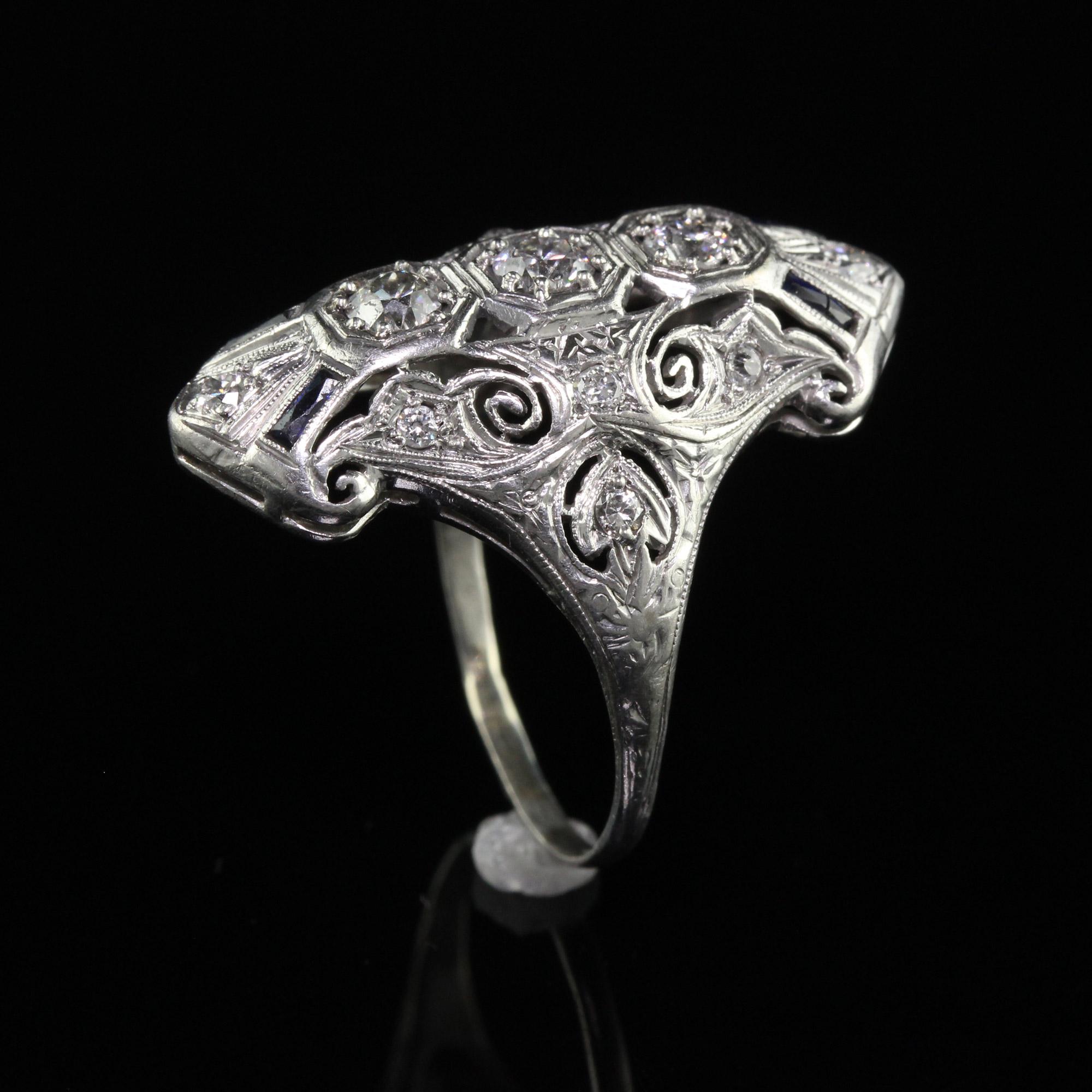 Antique Art Deco Platinum Old Euro Diamond and Sapphire Shield Ring For Sale 1