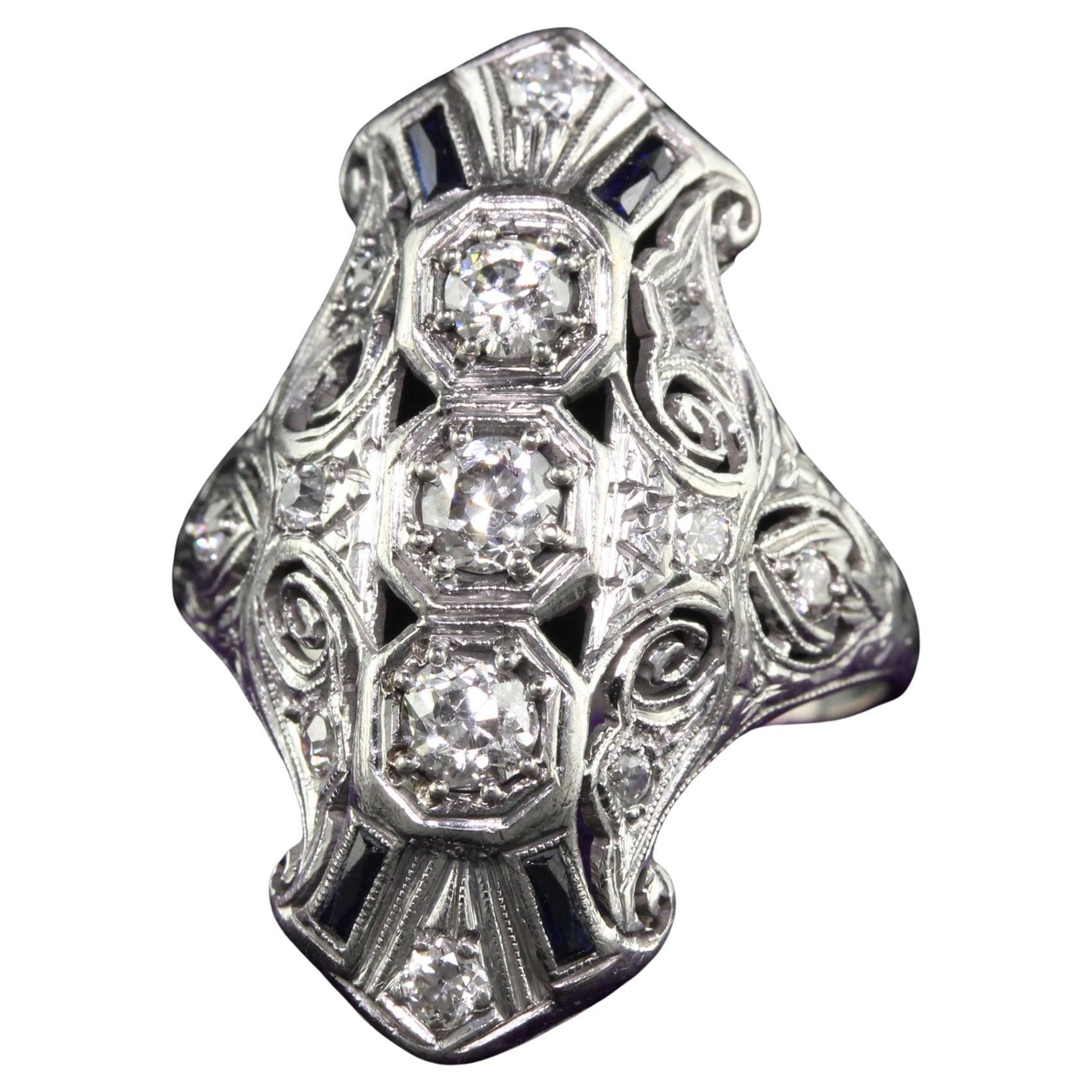 Antique Art Deco Platinum Old Euro Diamond and Sapphire Shield Ring