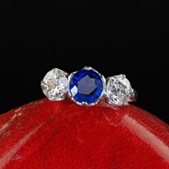 Antique Art Deco Platinum Old Euro Diamond and Sapphire Three Stone Ring - GIA