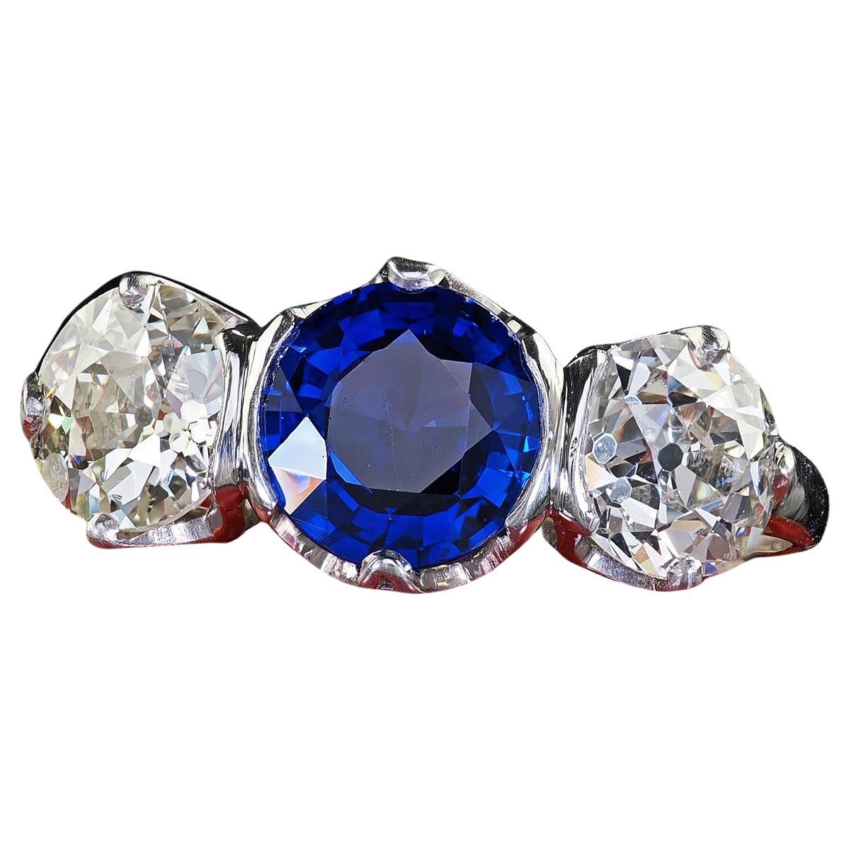 Antique Art Deco Platinum Old Euro Diamond and Sapphire Three Stone Ring - GIA For Sale