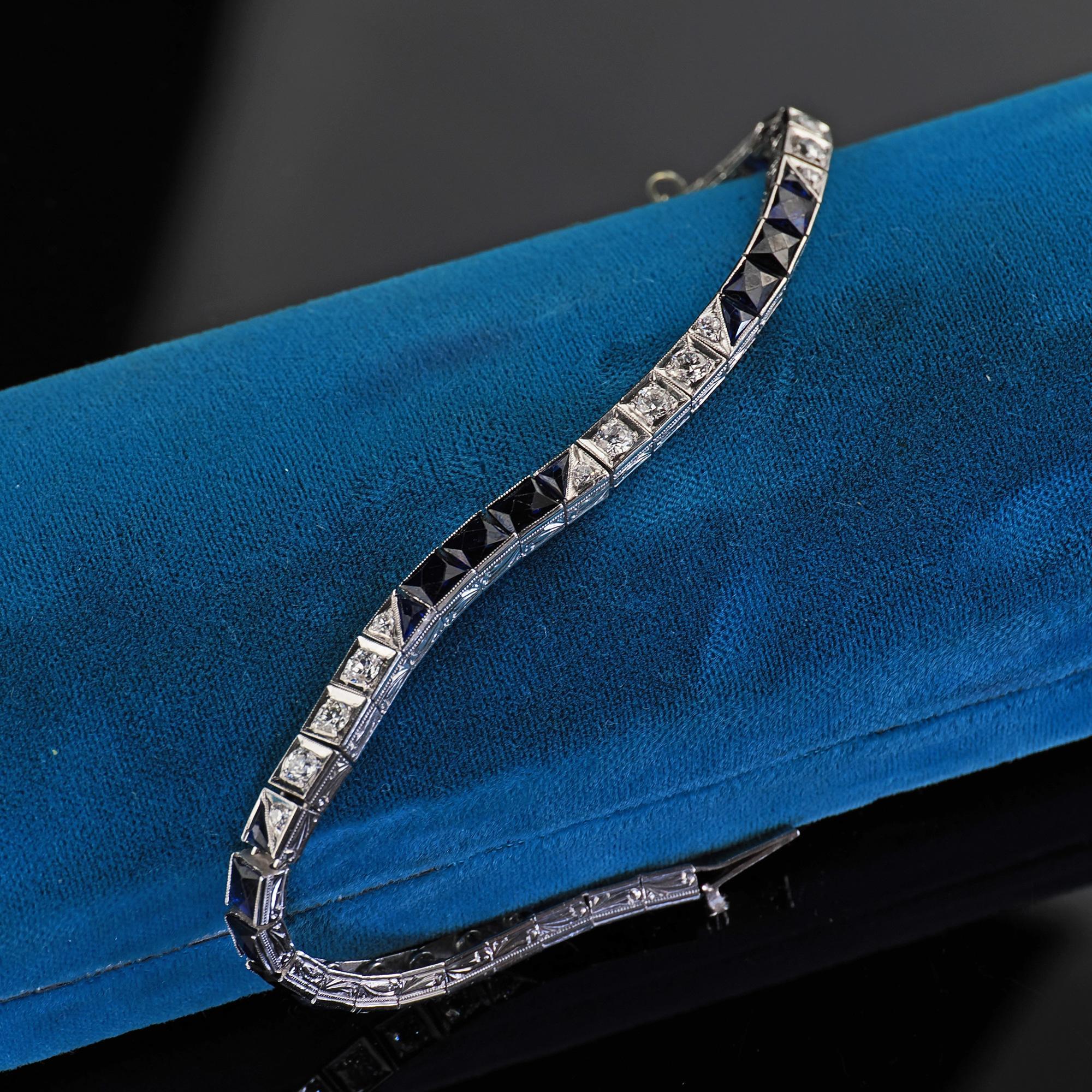 Bracelet Art déco ancien ligne de diamants européens anciens et saphirs synthétiques en vente 1