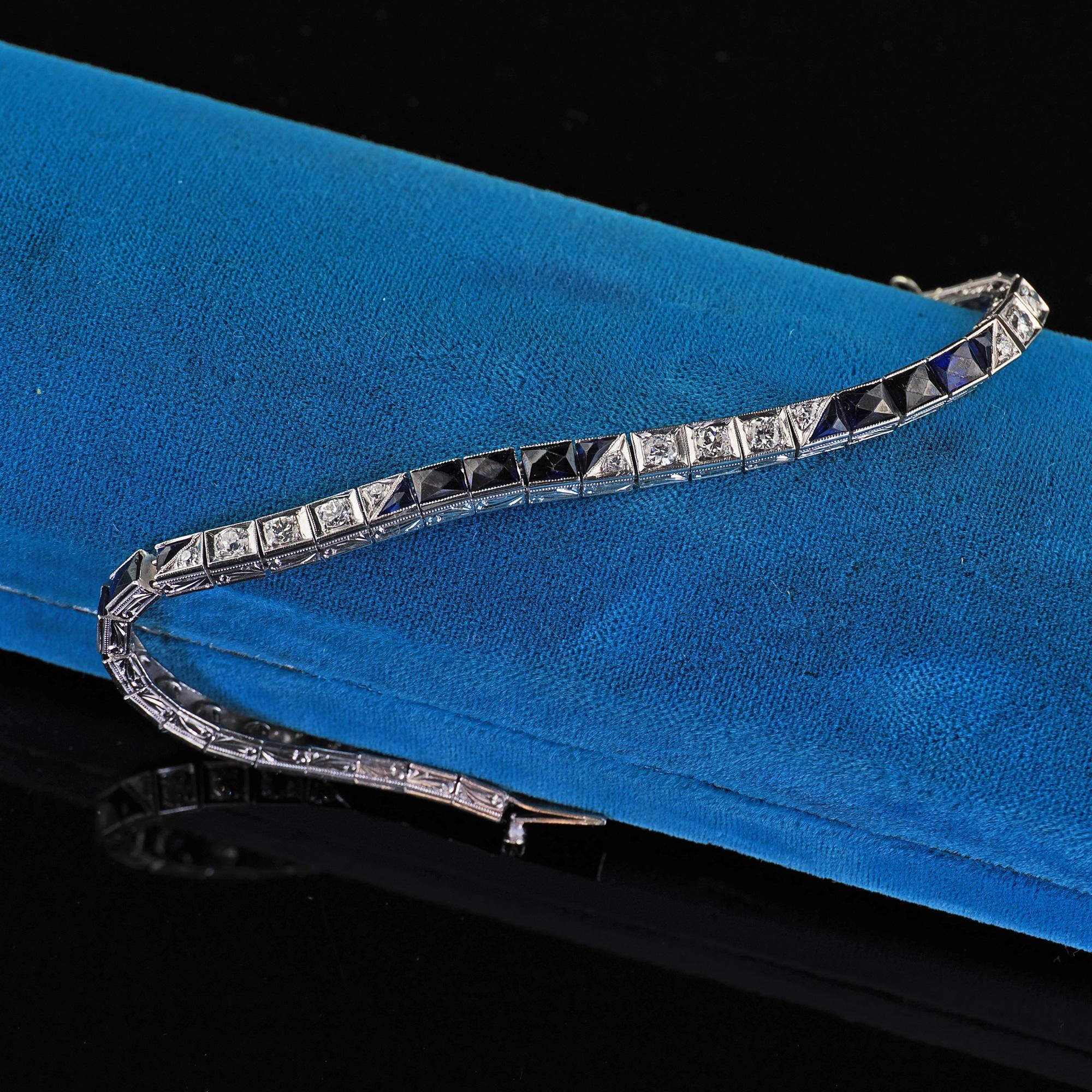 Bracelet Art déco ancien ligne de diamants européens anciens et saphirs synthétiques en vente 2