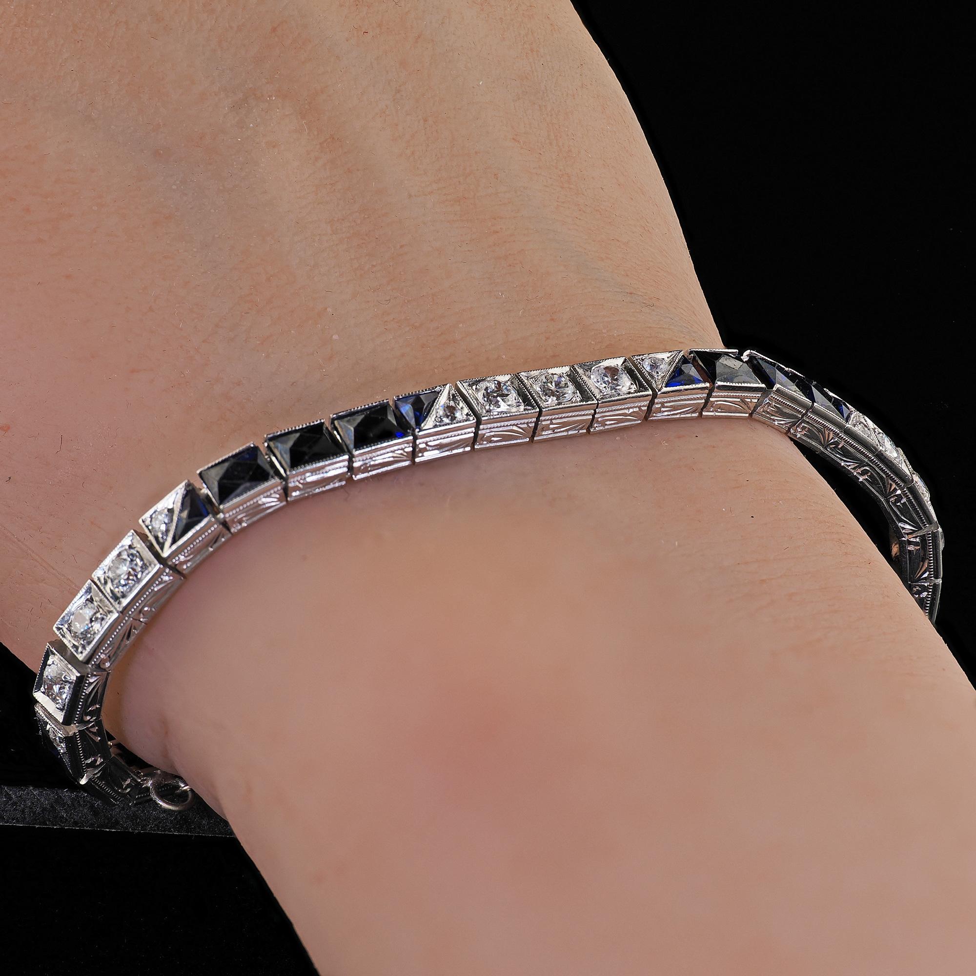 Bracelet Art déco ancien ligne de diamants européens anciens et saphirs synthétiques en vente 4