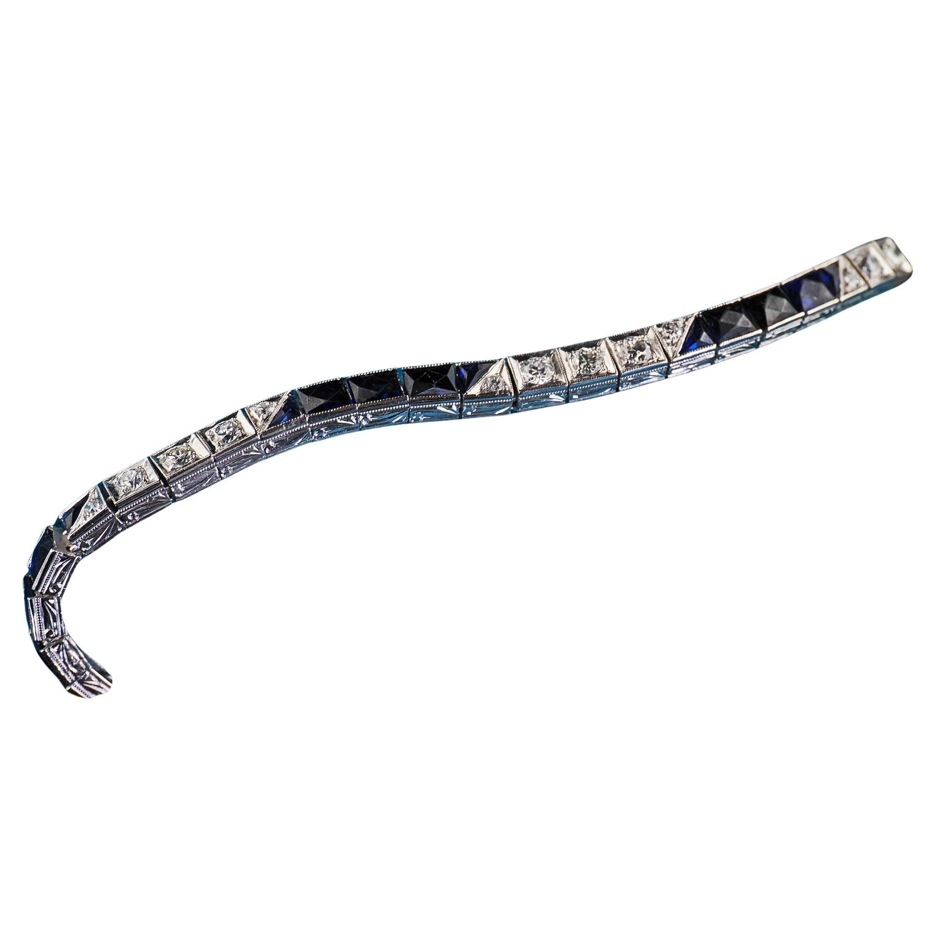 Antique Art Deco Platinum Old Euro Diamond and Synthetic Sapphire Line Bracelet