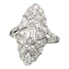 Antique Art Deco Platinum Old Euro Diamond Baguette Shield Ring