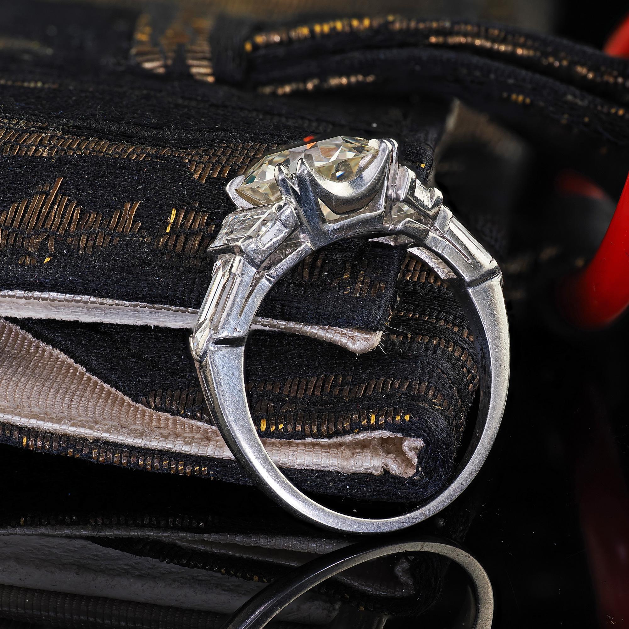 Old European Cut Antique Art Deco Platinum Old Euro Diamond Bullet Cut Engagement Ring - GIA For Sale