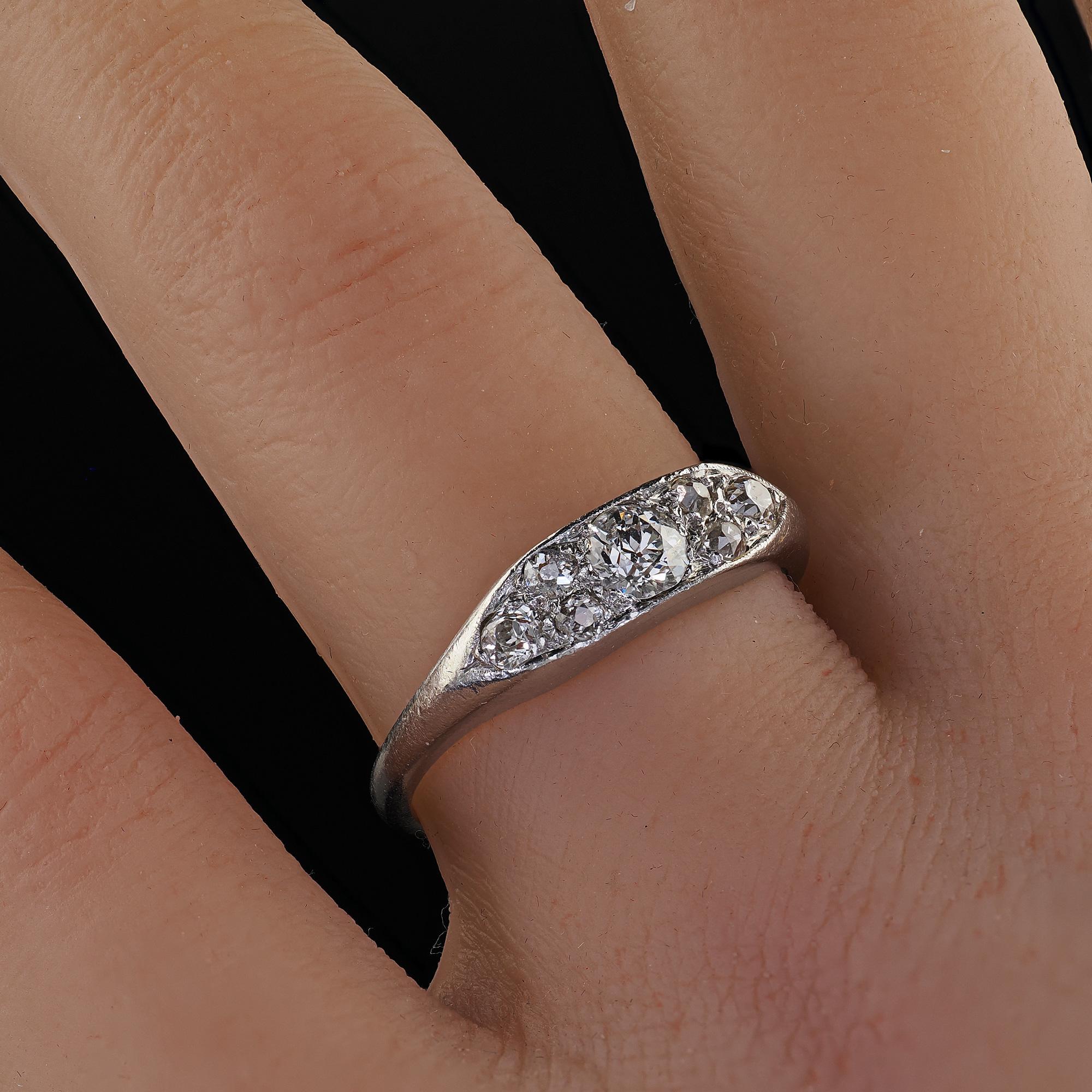 Antique Art Deco Platinum Old Euro Diamond Cluster Band - Size 8 For Sale 5
